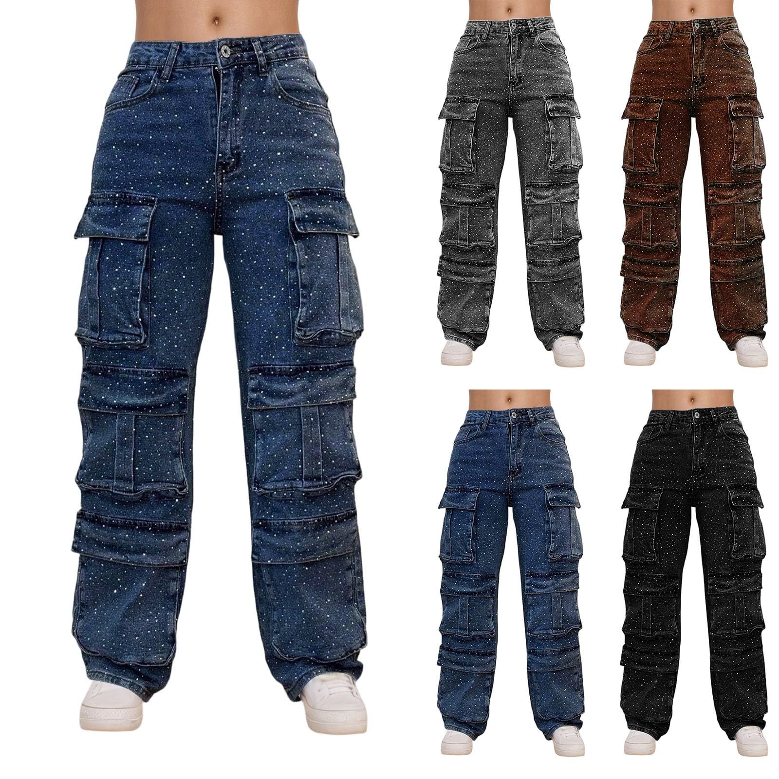 Generisch Jean sarouel pour femme avec strass, jambes larges, coupe droite, strass, taille haute, coupe ample, coupe ample, dégradé de couleur diamant