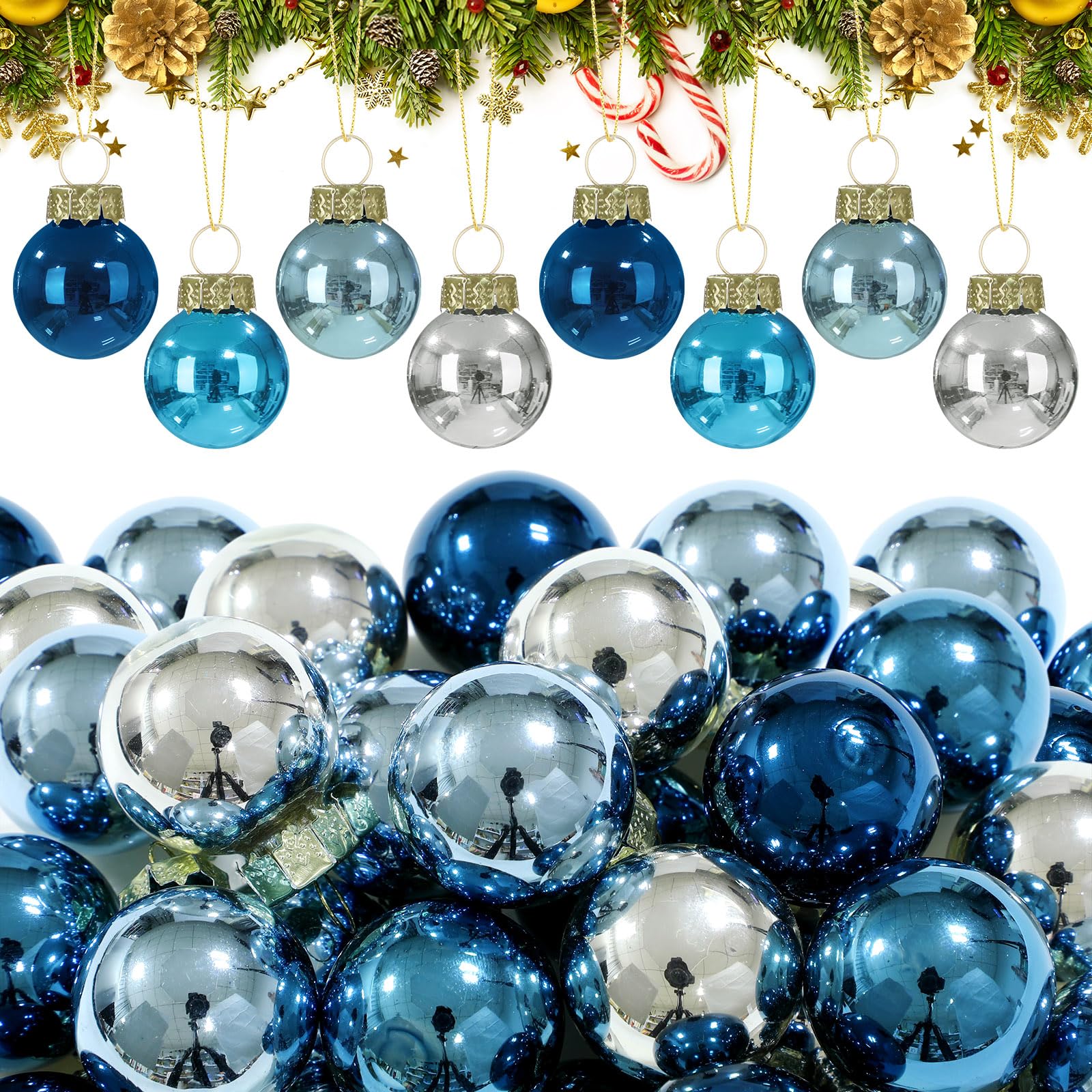 Tioncy 32 Pcs 1'' Mini Glass Christmas Ornament, Small Blue Silvery Balls