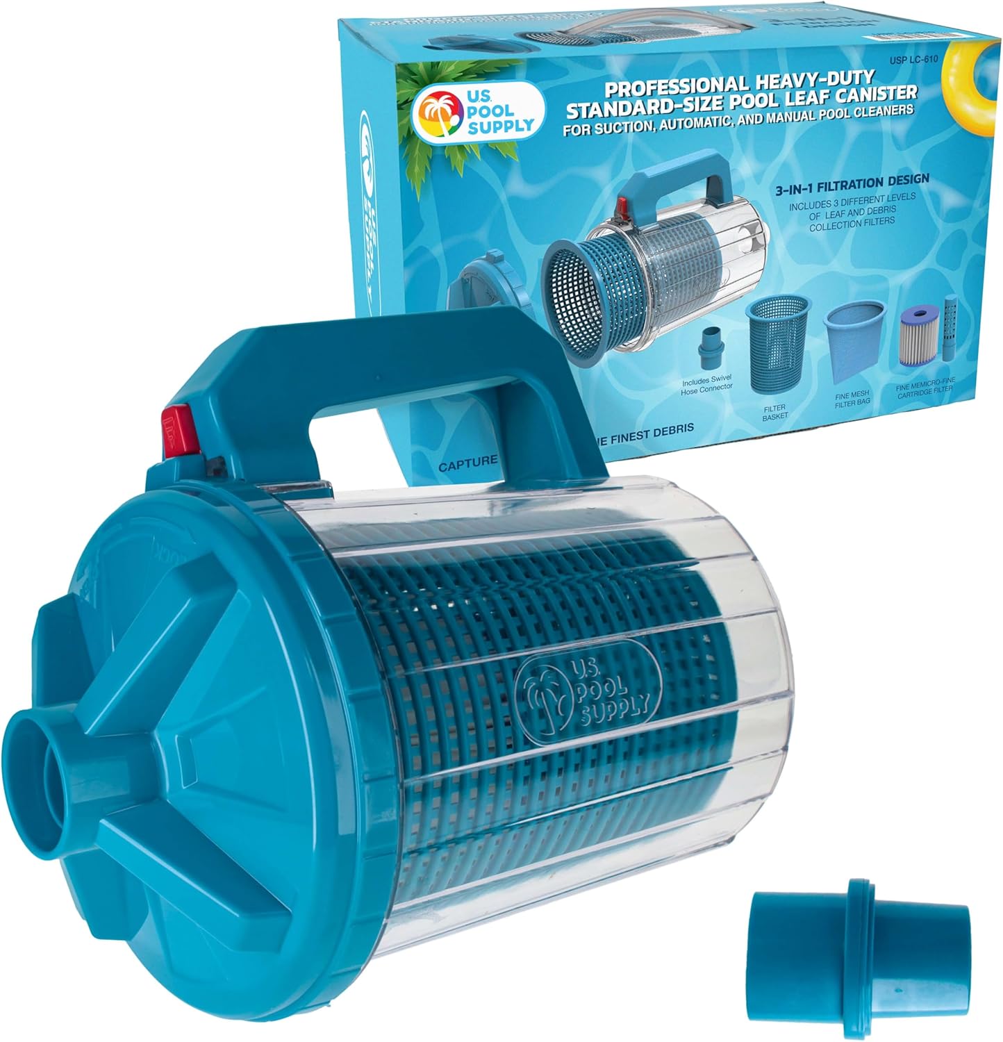 U.S. Pool Supply Pool Leaf Canister - XL Heavy Duty Inline Pool Leaf Catcher, 3-in-1 Filtration (3 Filters, Basket, Mesh Bag & Micro-Cartridge) - Fits 1.5" Hoses, Catch Leaves, Inground Vacuum Cleaner