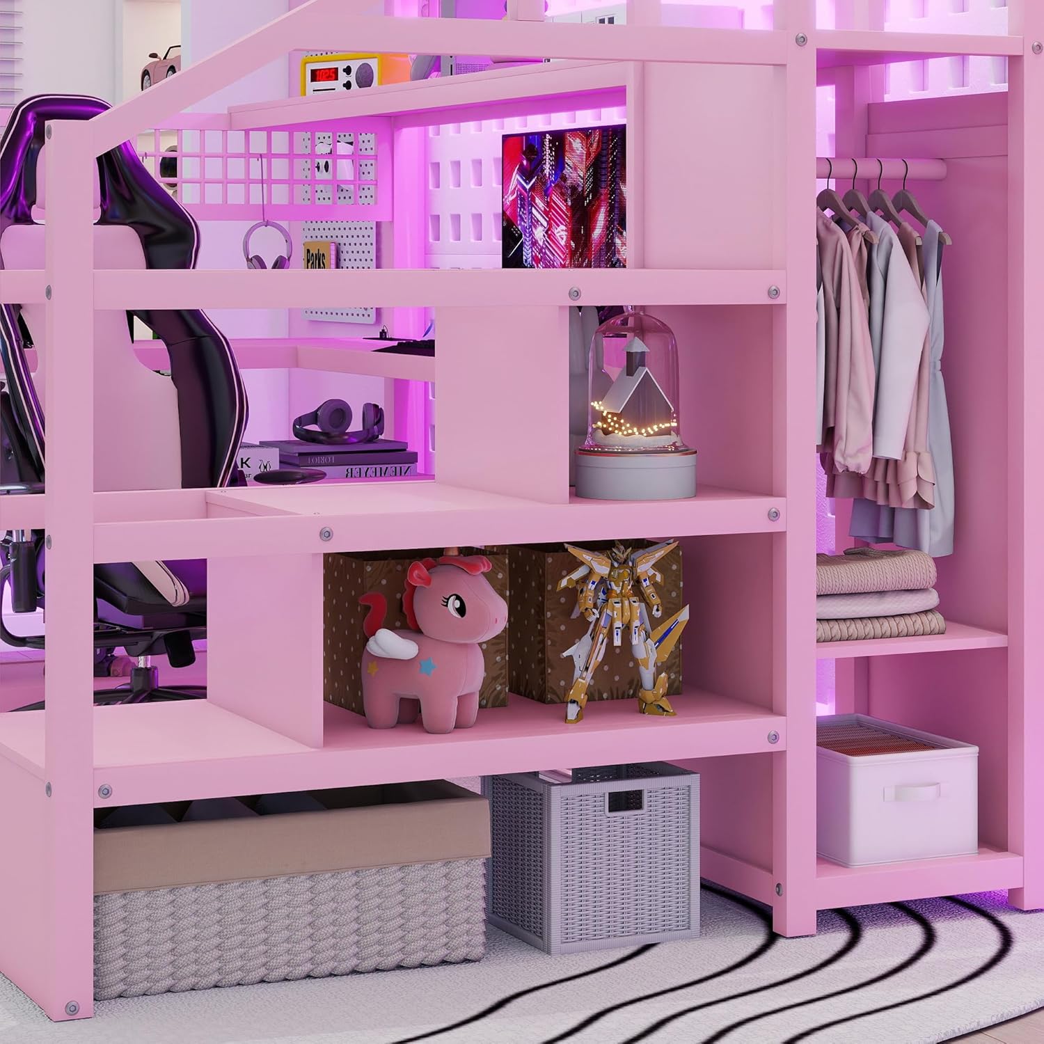 Full size Loft Bed with LED Light and Stairs, Metal Loft Bed Frame with Desk, Storage Drawers & Shelves, Hanging Rod, Gaming Lofts Beds with Charging Station for Adults Teens Kids Gamer, Pink