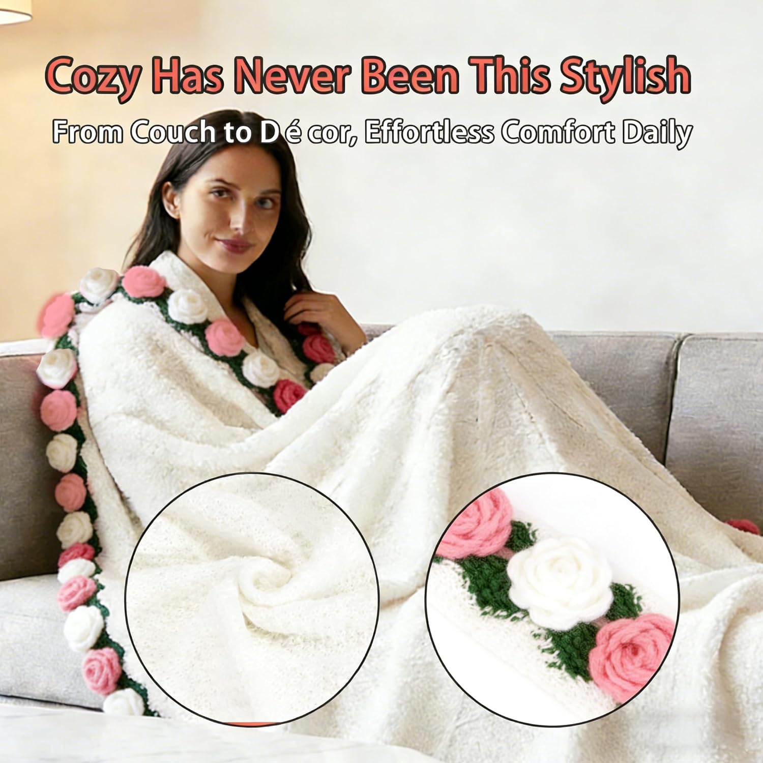 Crochet Rose Bouquet Blanket - Handmade 3D Flower Throw, Lightweight Knitted Gift for Valentine's Day, Mother's Day, Anniversary, Girlfriend, Wife, Mom (Pink White)