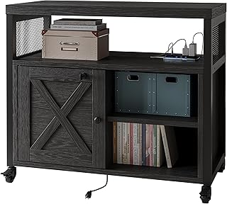 FUSUNBAO Farmhouse Printer Stand with Storage, Rolling Printer Cabinet with Shelves, Charge Station, Wheels, and File Cabinet for Home Office Storage (Black)