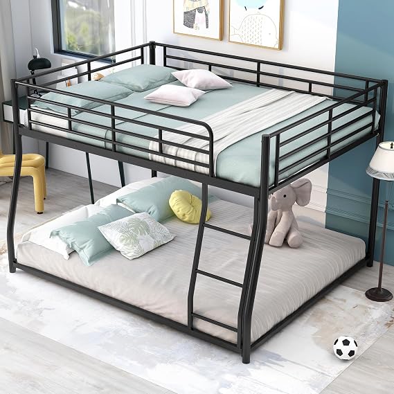 Bellemave Metal Full XL Over Queen bunk Bed, Floor Twin XL Over Queen Bunk Bed Frame with Ladder and Guardrails,Black no slats