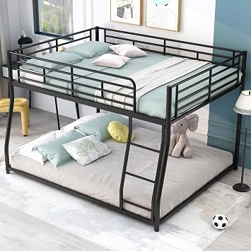 Bellemave Metal Full XL Over Queen bunk Bed, Floor Twin XL Over Queen Bunk Bed Frame with Ladder and Guardrails,Black no slats