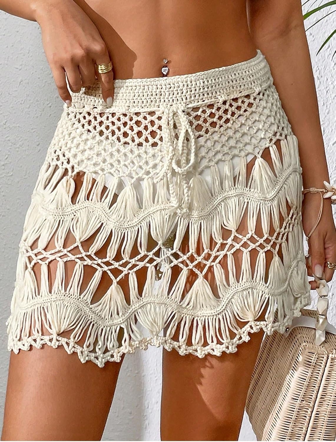swimsuit coverup for women Summer Beach Hollow Out Drawstring Waist Cover Up Skirt