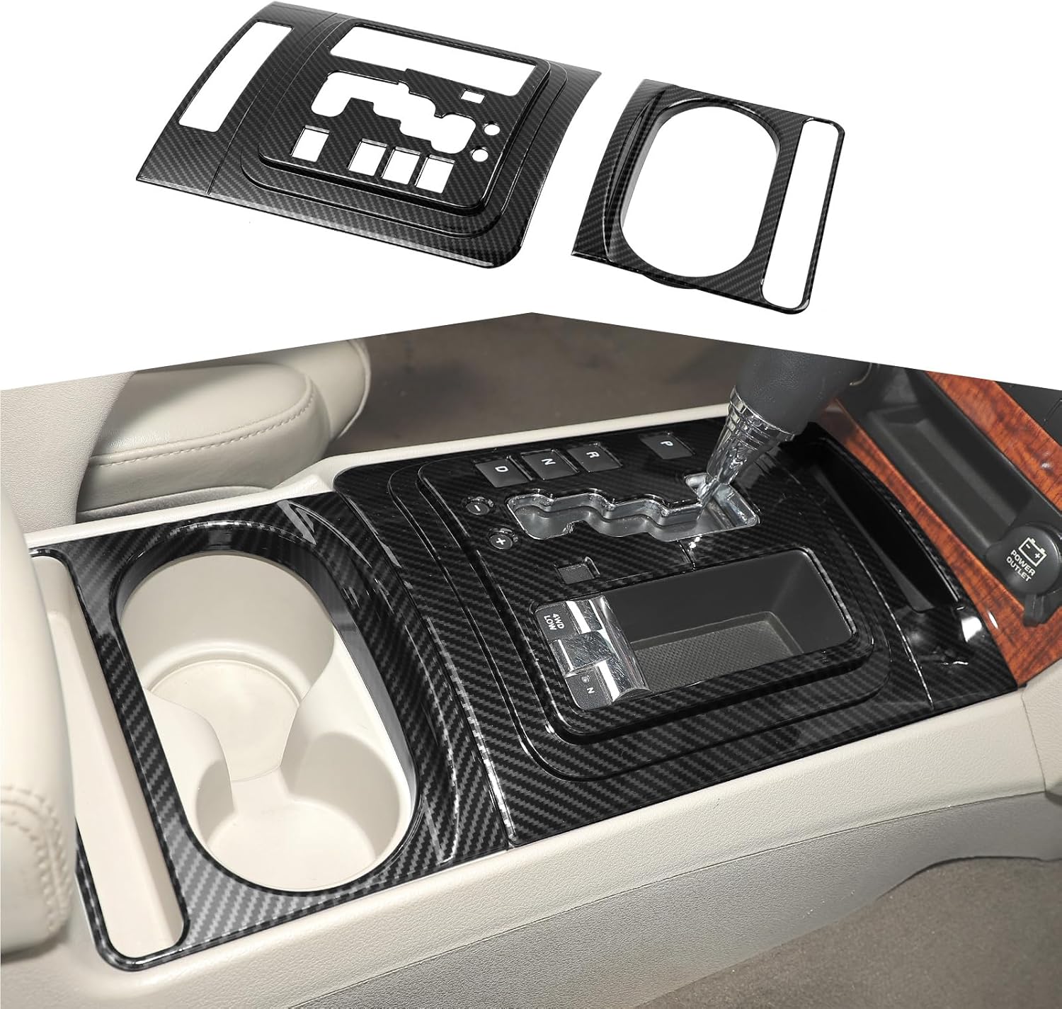 JeCar Gear Shift/Cup Holder Panel Covers Interior Decoration Trim Compatible with Jeep Grand Cherokee & Commander 2006-2010, Black with Carbon Fiber Finish