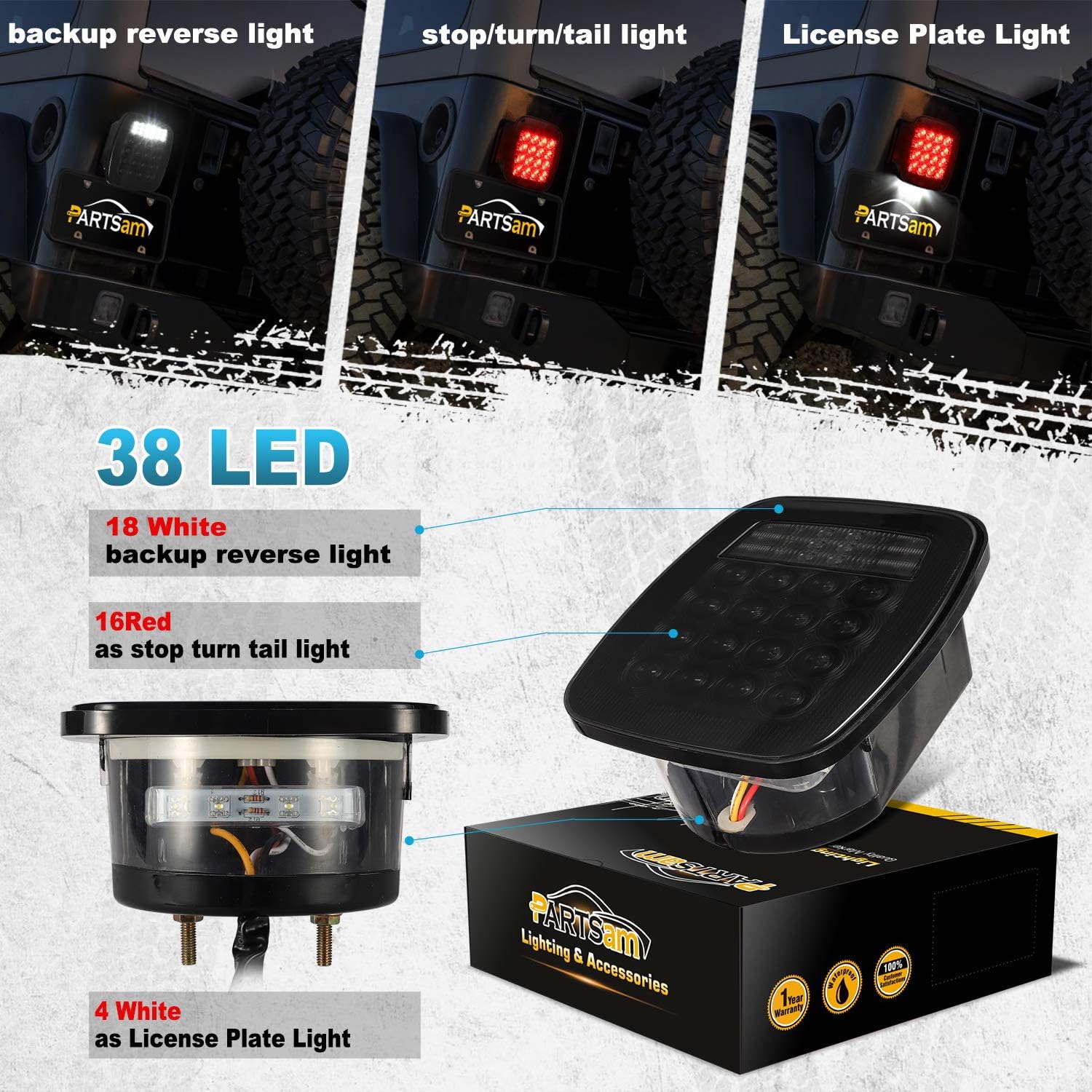 Partsam 2Pcs Universal Smoked Square Combination 38 LED Signal Tail Lights w/License Plate Lights Flatbed Trucks Brake Stop Turn Tail Light Backup Reverse Lights for Wrangler CJ TJ YJ Tail Lights 12V
