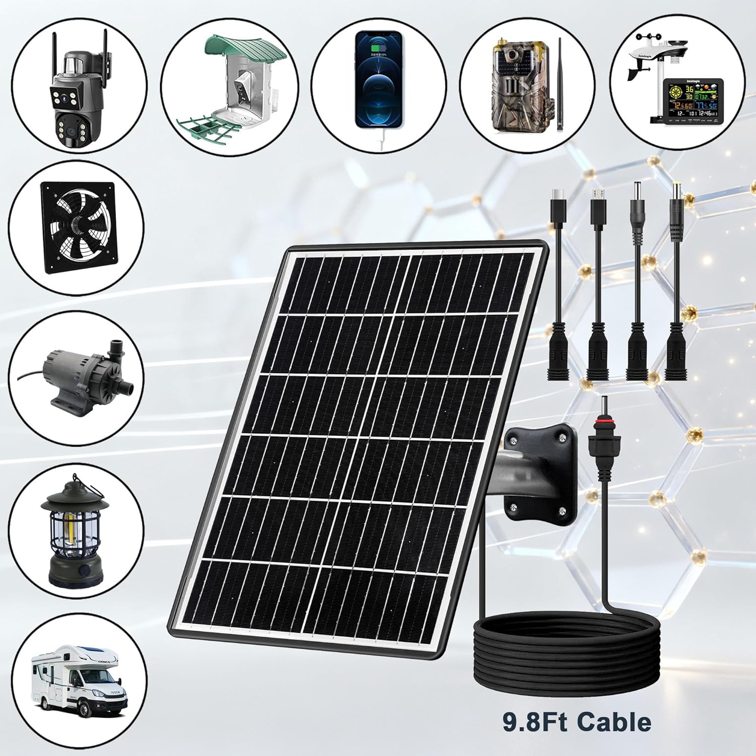 15W Solar Panel Kit with Built-in 16000mAh Battery Voltage: 5V/6V/9V/12V Current: 1.5A Features USB-C, Micro-USB, and DC 2.1/1.7/1.35mm Ports Compatible with All 3G/4G Trail Cameras
