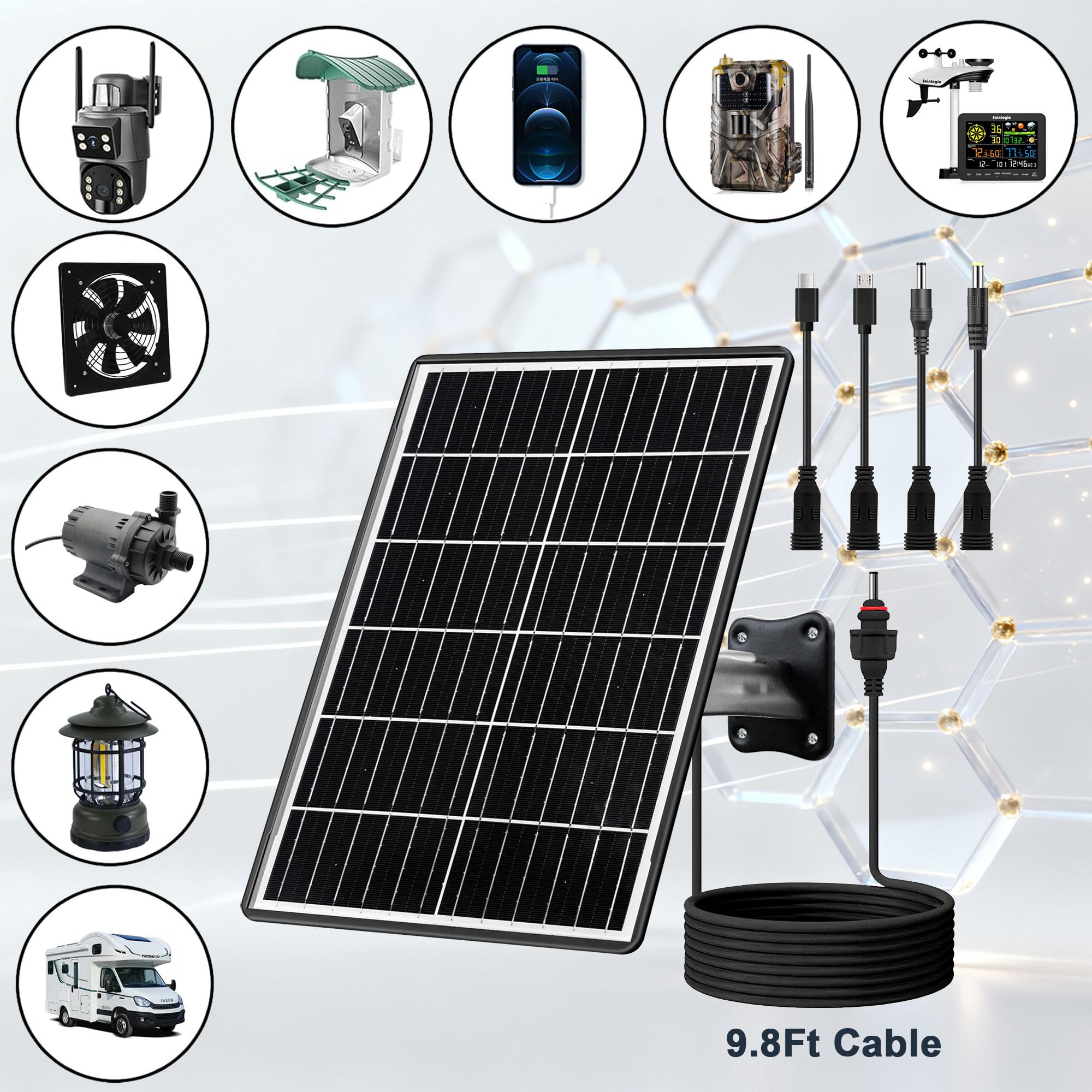 Kit di pannello solare 15 W con batteria integrata 16000 mAh Tensione: 5 V/6 V/9 V/12 V Corrente: 1,5 A Caratteristiche USB-C, Micro-USB e DC 2,1/1,7/1,35 mm Compatibile con tutte le telecamere di
