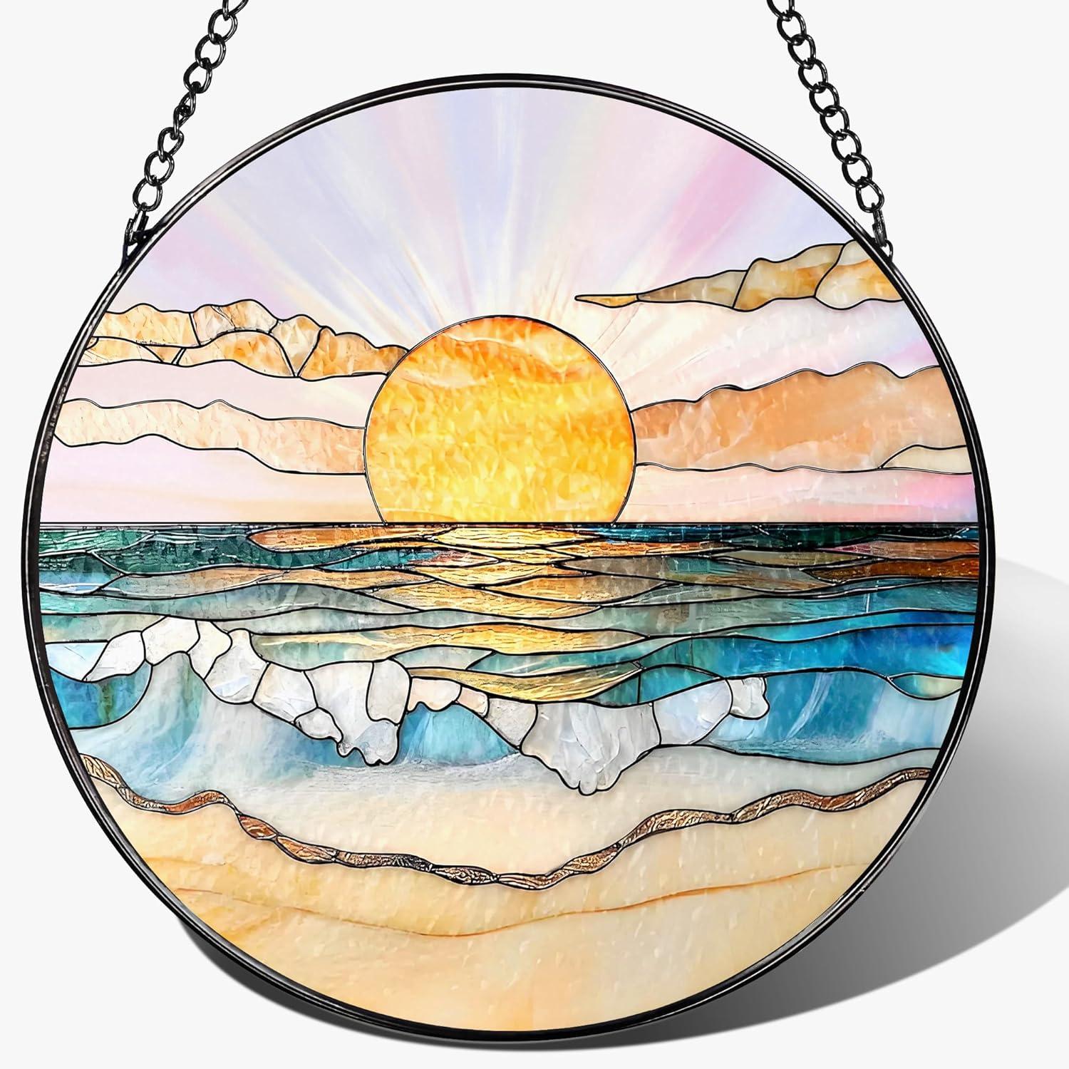 8'' Ocean Sunset Suncatcher Ornament, Stained Glass Window Hanging, Suncatchers for...