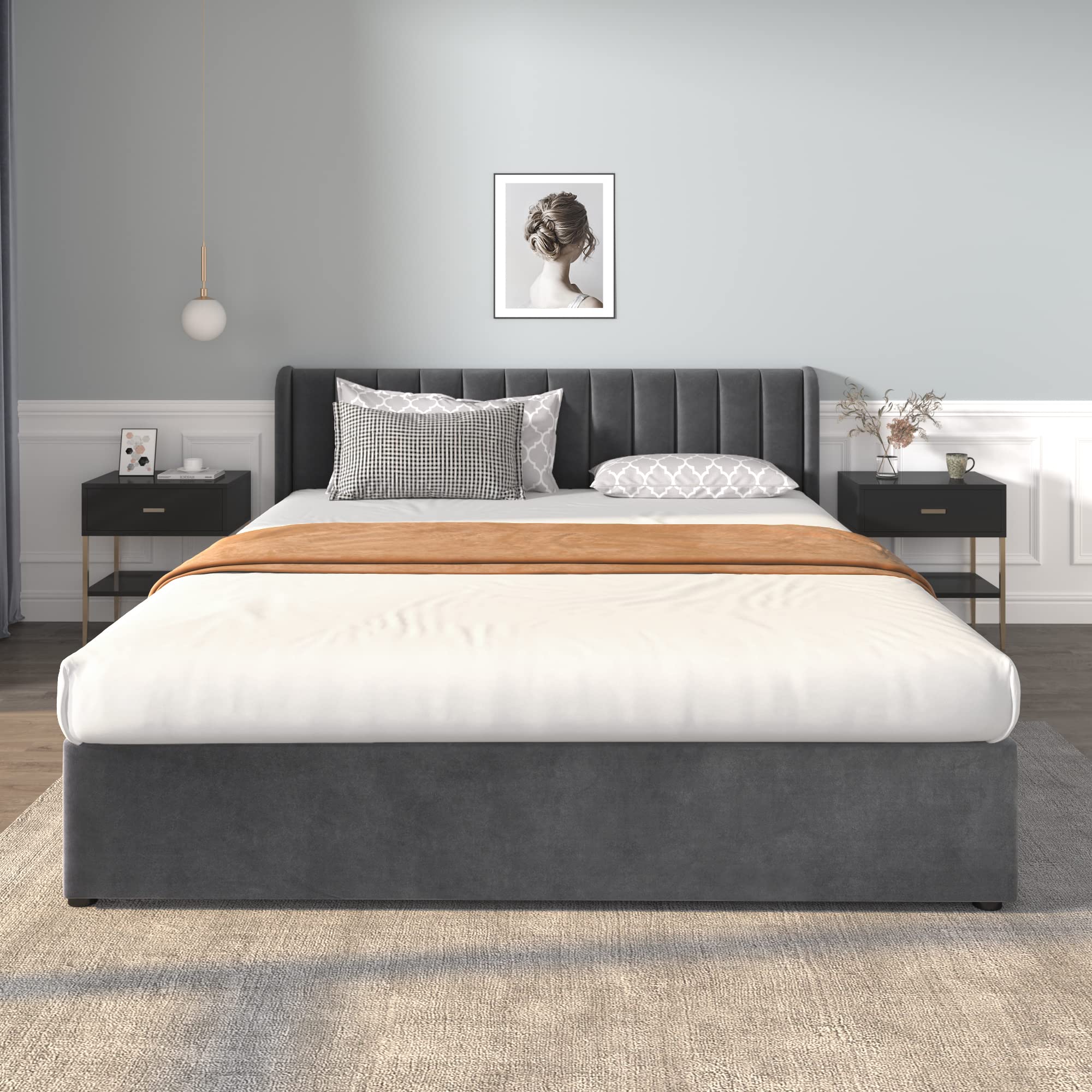 Cama de 180 x 200 con somier y 2 cajones, cama tapizada de 180 x 200 cm con espacio de almacenamiento, cama doble de terciopelo con somier de láminas, cama para adultos, gris