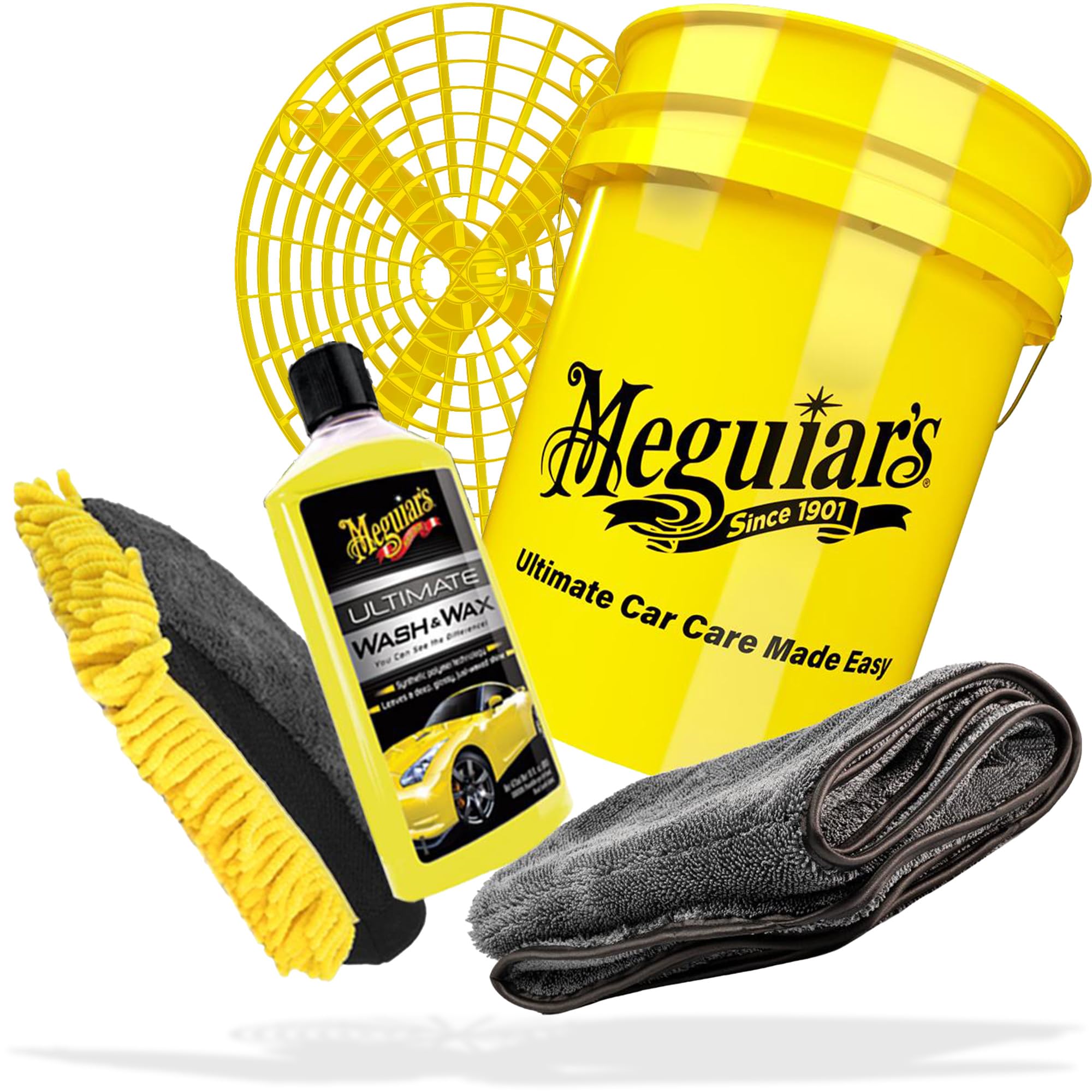 Auto Waschset mit Meguiars Wash & Wax Shampoo 473ml + Meguiars Wascheimer 5GAL mit GritGuard + detailmate 3in1 Waschhandschuh + detailmate Mikrofaser Trockentuch 1000GSM