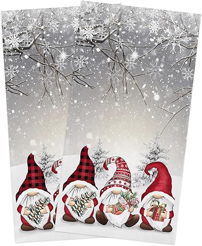 Paquete de 2 toallas de cocina y paños de cocina, diseño de gnomos rojos navideños, rama, copo de nieve, árbol de Navidad, gris, 18 x 28 pulgadas,