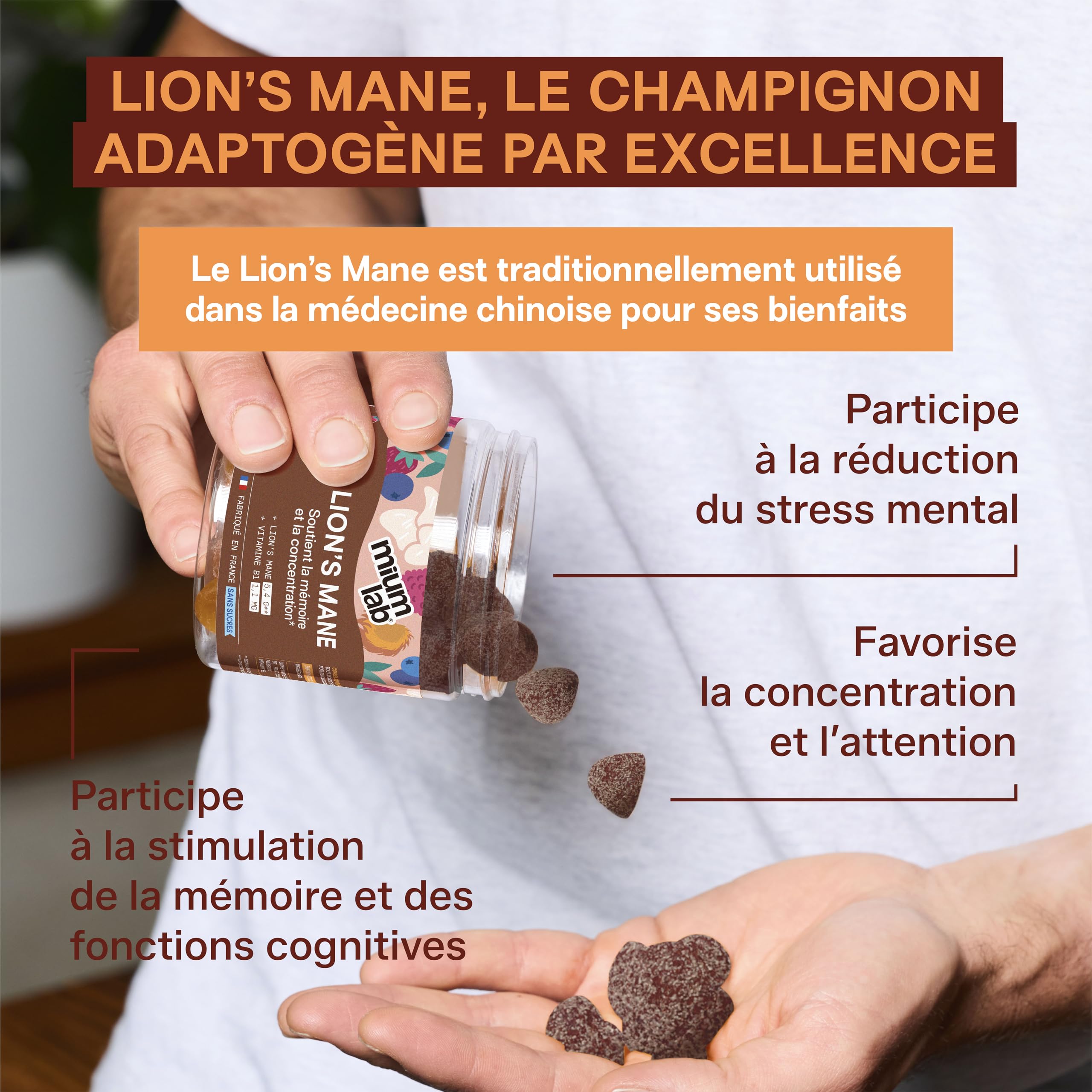 Mium Lab – Lions Mane (Crinière de Lion) – Gummies sans sucre – Extrait 18:1 hautement concentré d’Hericium erinaceus – Complément alimentaire à base de champignon adaptogène – Fabriqué en France