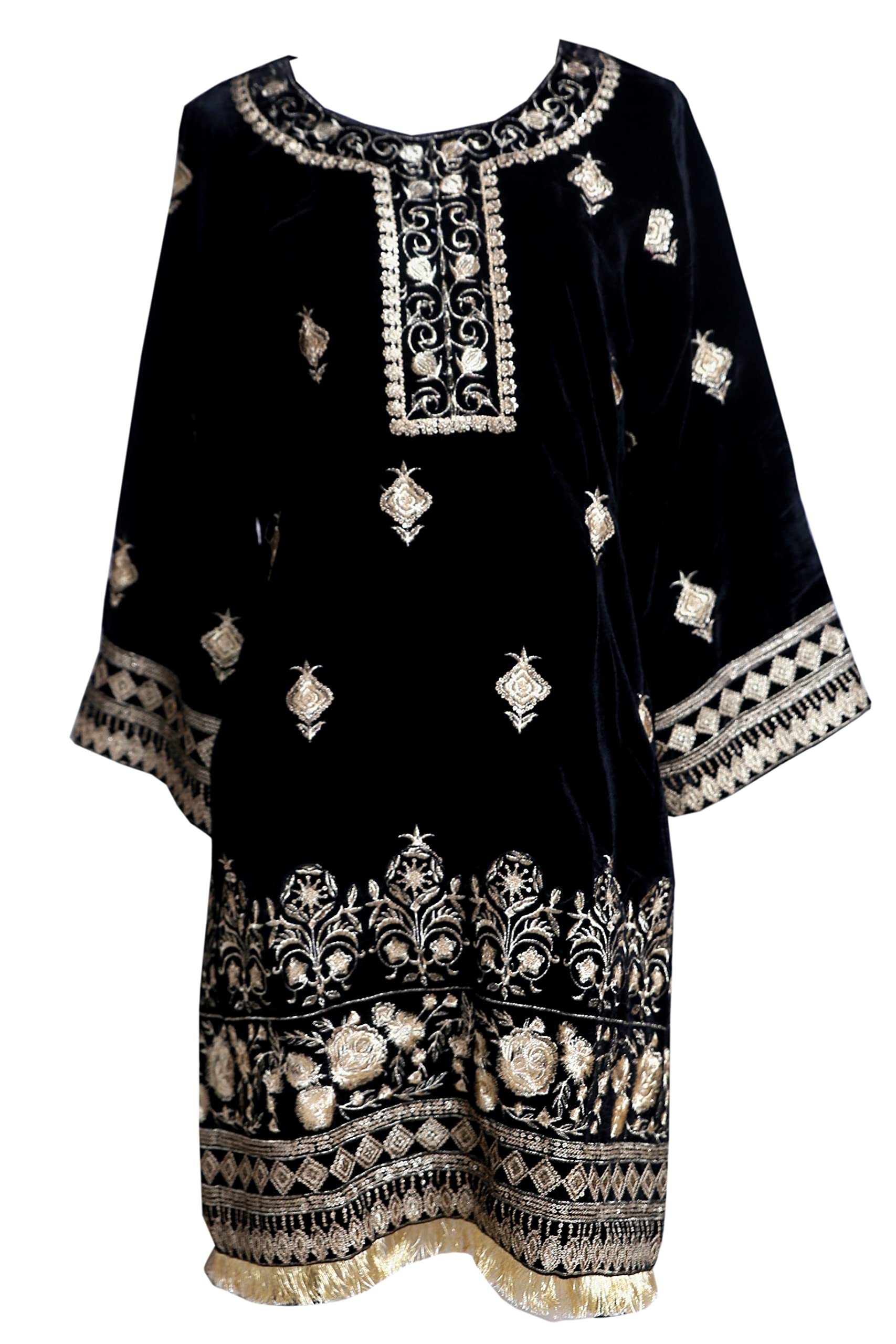 SUFIA FASHIONSWomen Ladies Kurti Tunic Kurta Black Velvet Full Embroidery Party Shirt Readymade Dress