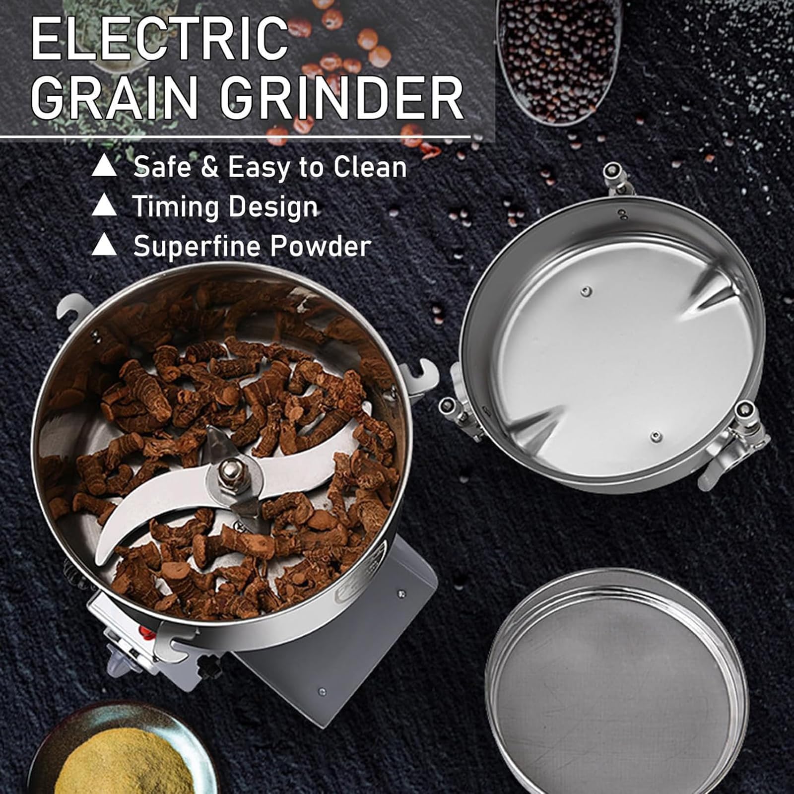 Mulino elettrico per cereali, in acciaio inox, 35000 giri/min, con tre per spezie, noci, cereali, tipo oscillante, capacità 1500 g