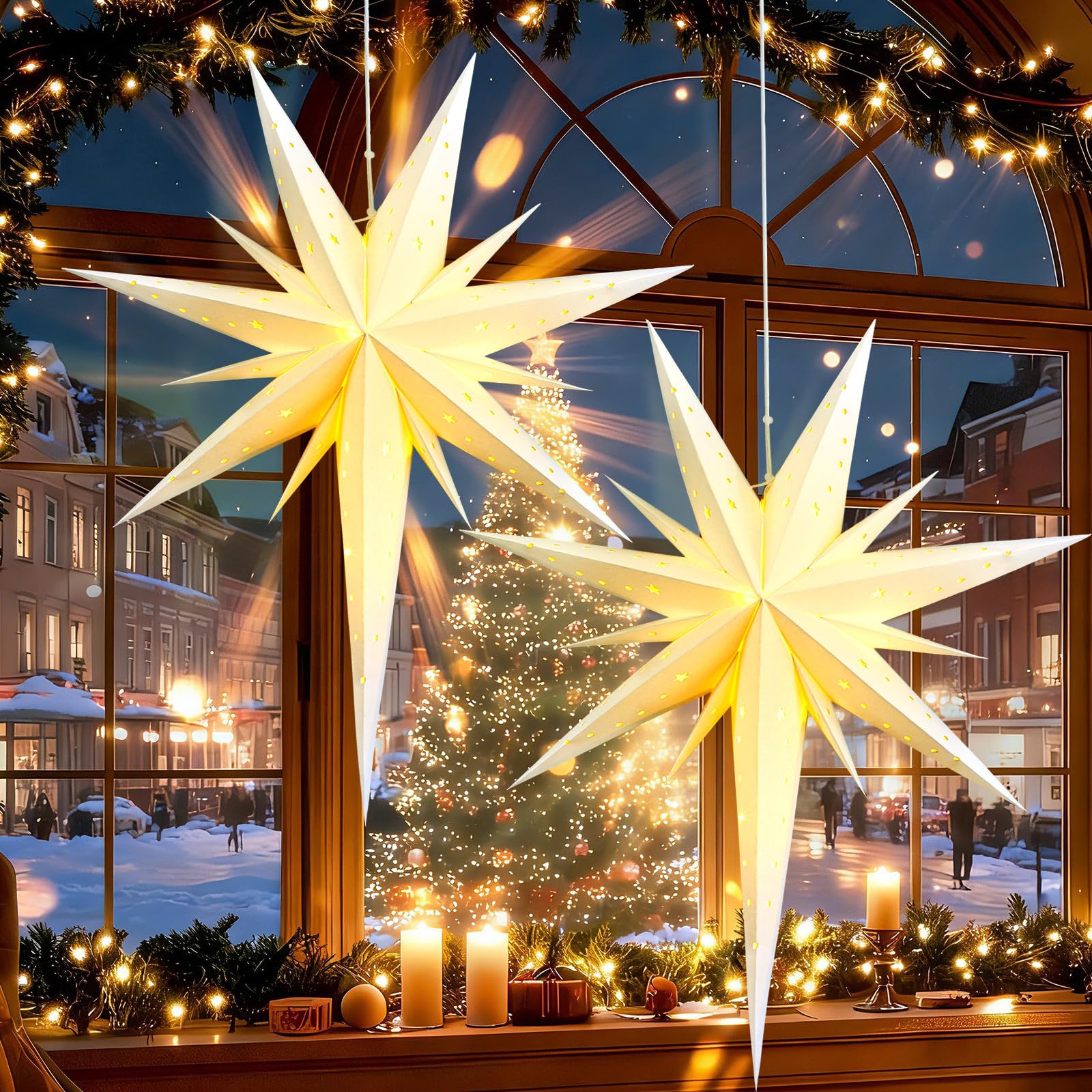 2 Set Lighted Bethlehem Paper Star Lanterns White Christmas Bethlehem Lights Decoration Fold Flat Xmas Star Hanging Lampshade Battery Operated for Holiday Indoor Outdoor Decor(26'')