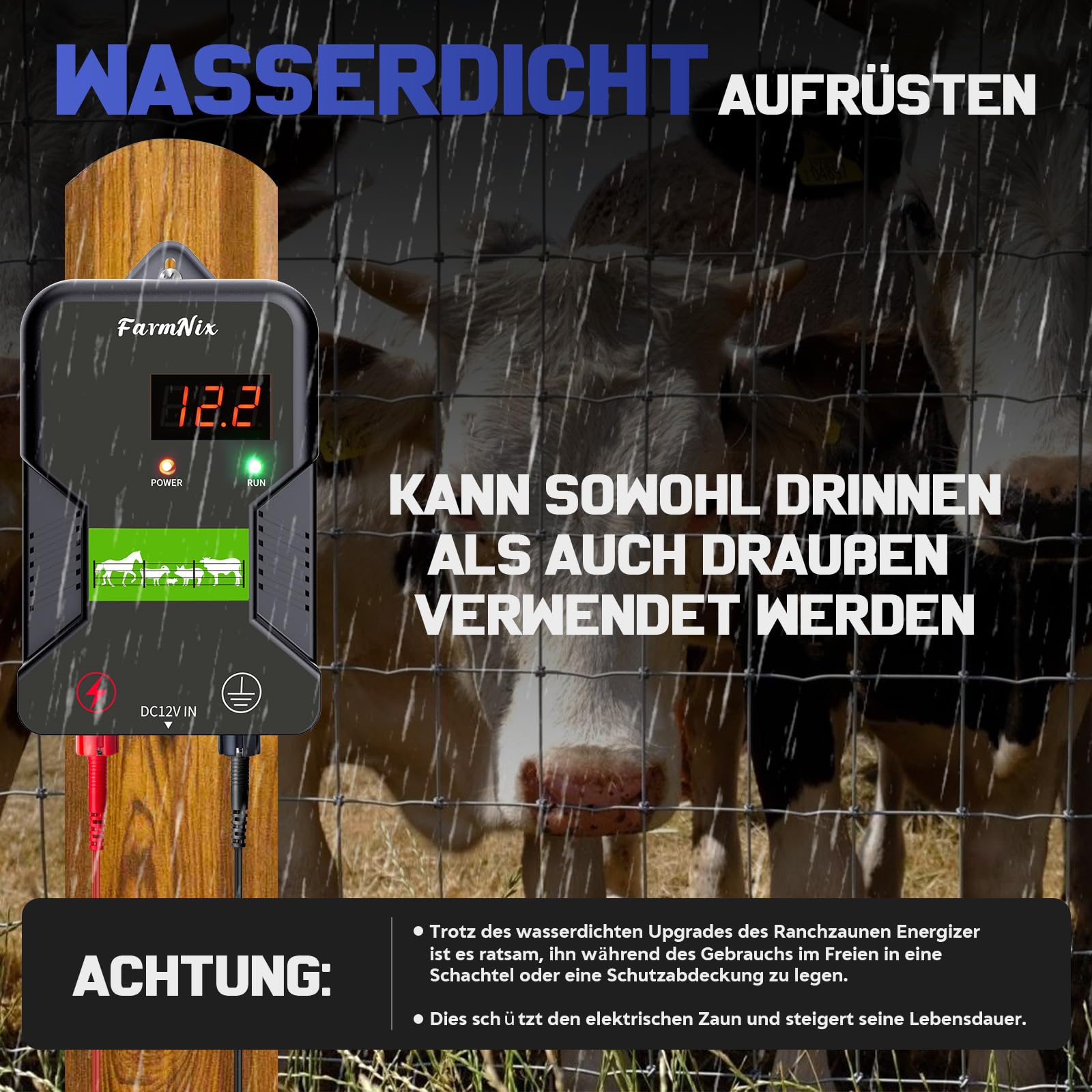 12V Weidezaungerät mit LED Anzeige, 2J Wasserdicht Elektrischer Weidezaun 230V für 15 KM Reichweite, LED Display Eelektrozaun für Schutz von Nutztieren,Haustieren,Geflügel, Hausweide,Gärten (Schwarz)