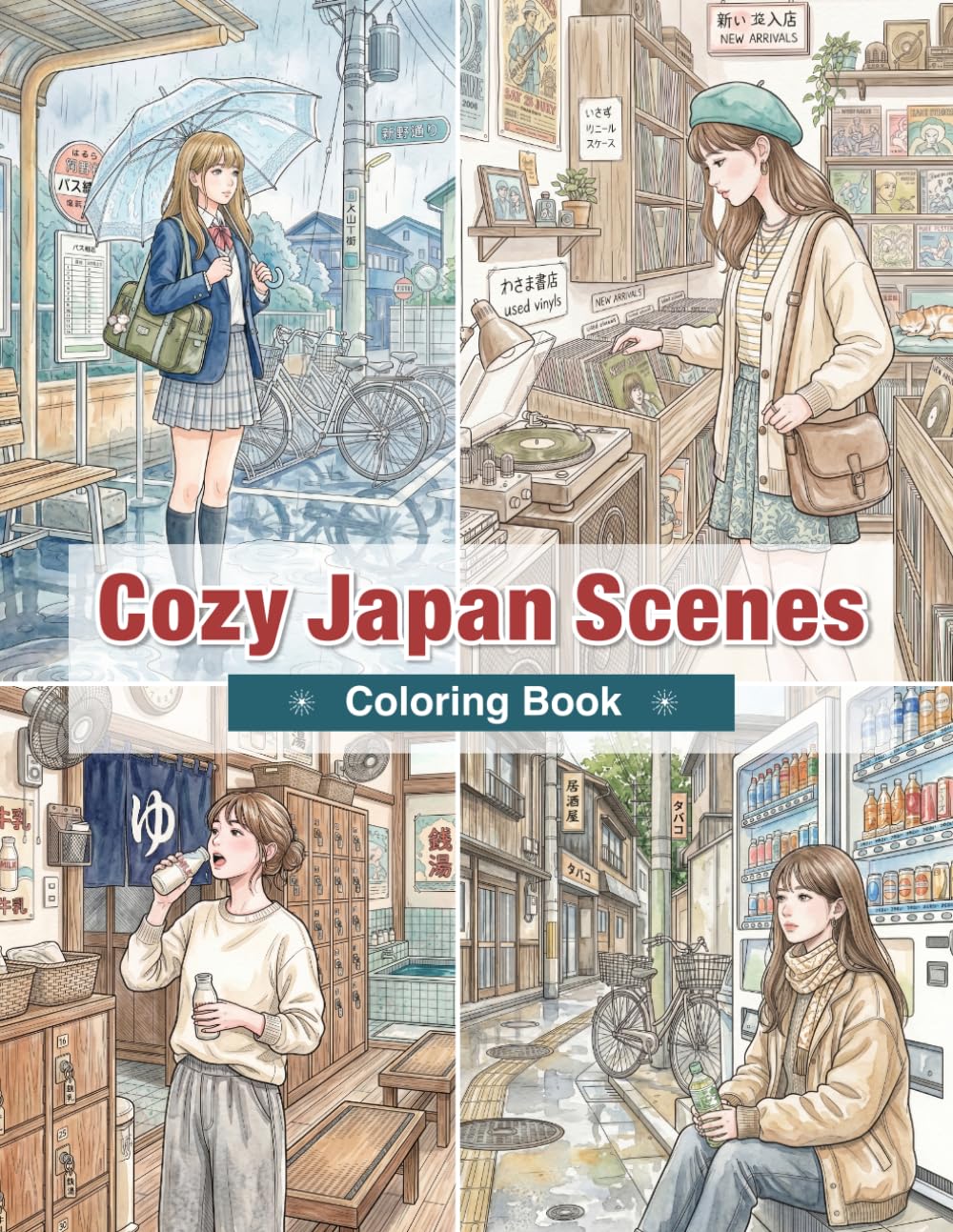 Cozy Japan Scenes Coloring Book: Retro Cafés, Cat Cafés, Hot Springs, Quiet Streets, and Everyday Japanese Moments