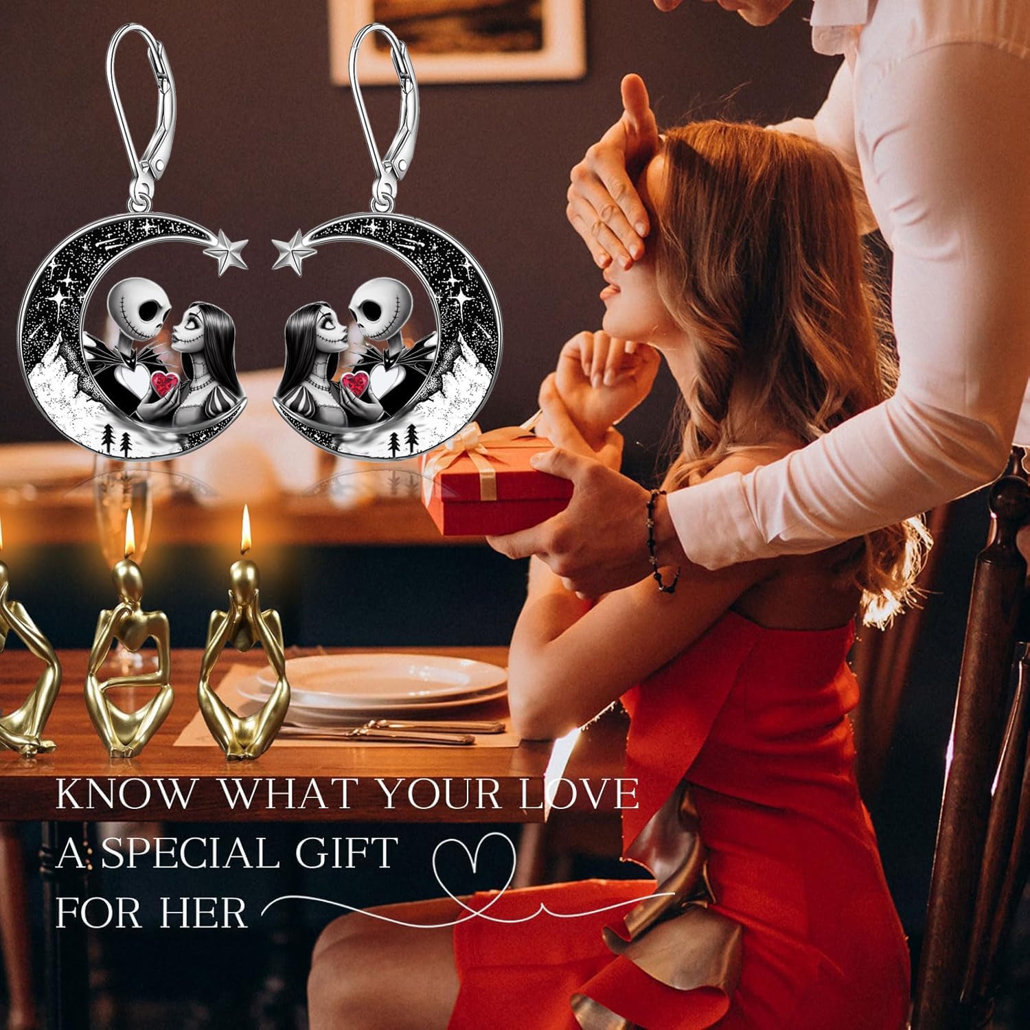 Jack and Sally Earrings 925 Sterling Silver Nightmare Dangle Earrings Halloween Jewelry Gifts for Women