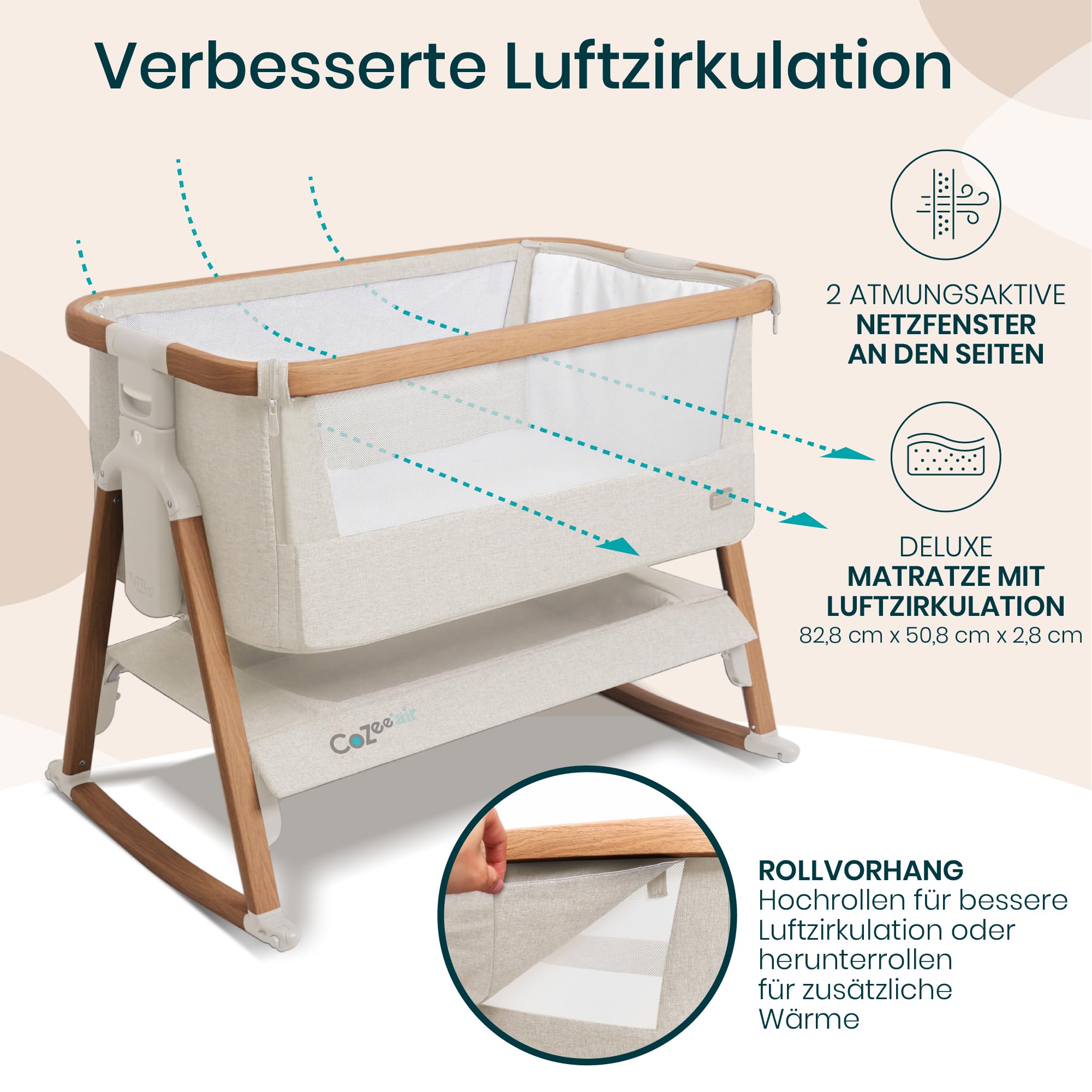 Tutti Bambini CoZee Air Beistellbett Baby Reisebett mit Matratze Kompakt faltbar Atmungsaktive Matratze 6-fache Höhenverstellung 0-6 Monate Walnuss Naturweiß