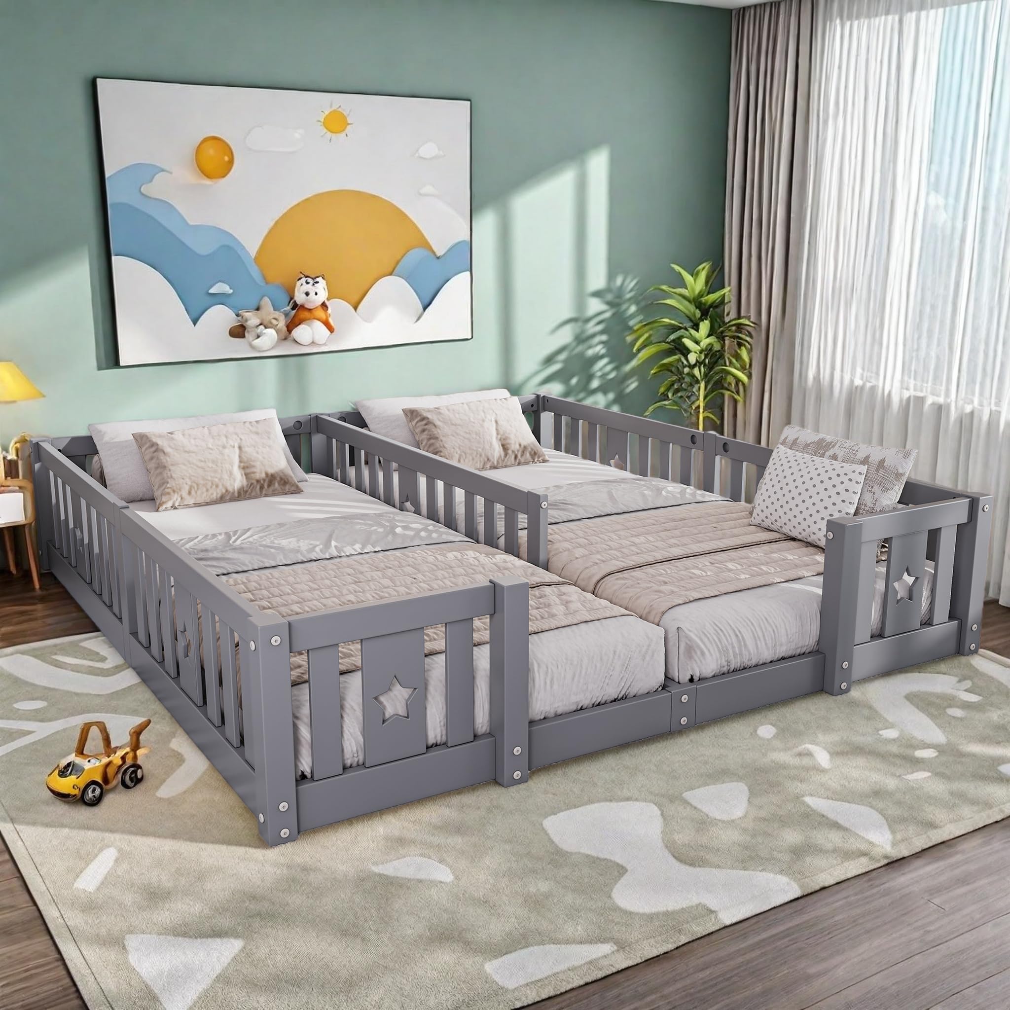 Letto a Terra 90x200 cm, Letto per Bambini a Terra con Barriera, Letto Montessori, Legno Massiccio, Letti Doppi, per Camera di Ragazzi e Ragazze, senza Materasso (Grigio A, 188 * 206 * 40)