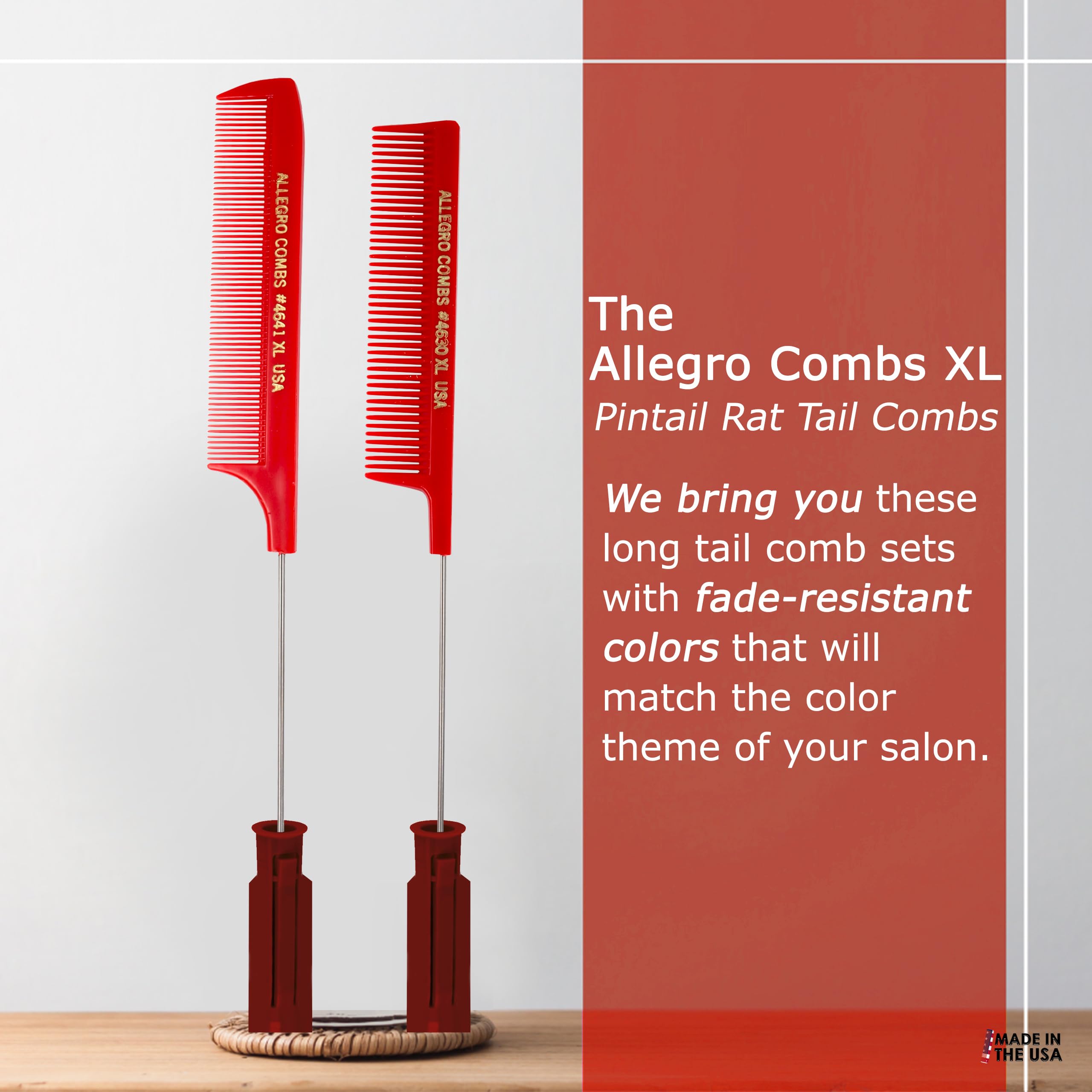 Allegro Combs XL Rattenschwanzkämme Pintail Trennkämme Metallschwanztrennkämme Aluminiumkämme Stichkämme Zopfkämme 2 Stück (Rot)