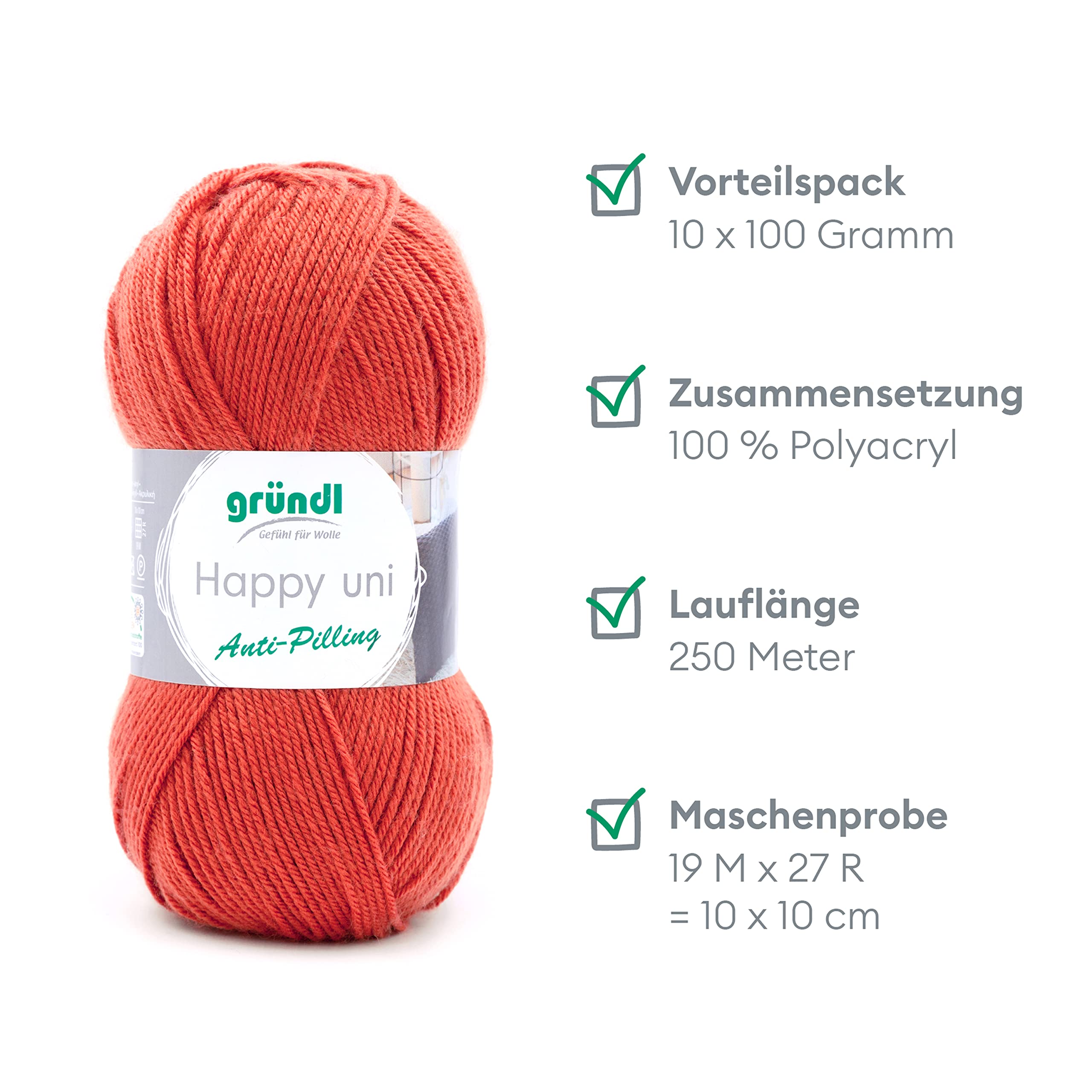 Gründl Happy Uni (Filato per Maglieria e Uncinetto con Carattere Simile alla Lana in 100% poliacrilico, Anti-Pilling, 100 g / 250 m, Dimensioni dell'ago: 4-5, 10 x 100 g), Arancione