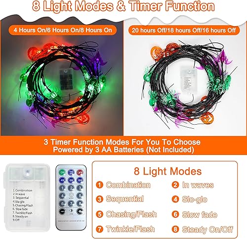 Miniatura 4 de Temporizador luces de Halloween de 6 pies, 54 LED, decoración de Halloween, enredadera de sauce con calabaza, murciélago, araña, 8 modos, guirnalda