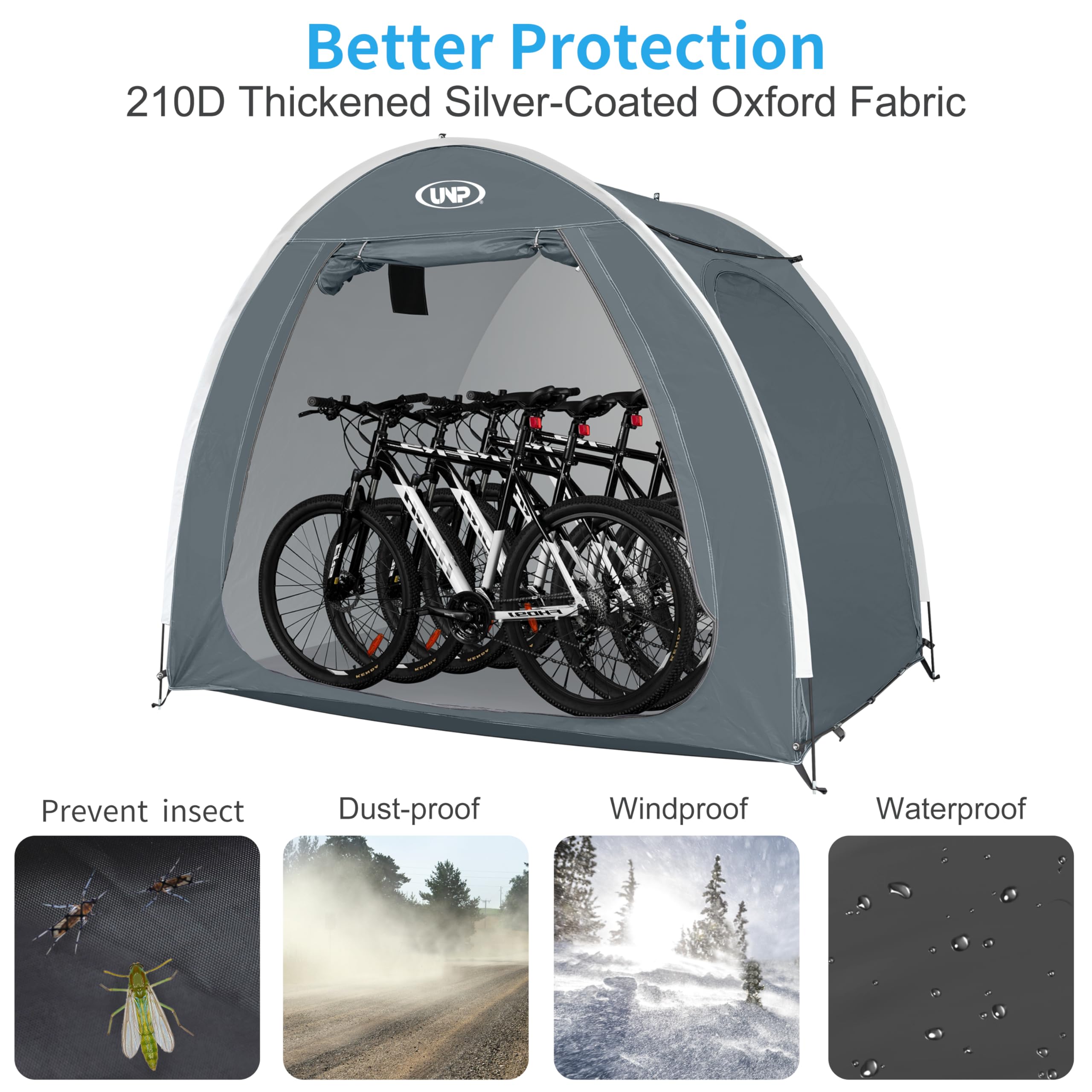 UNP Tenda per capanno per biciclette, portatile, per esterni, con tessuto Oxford 210D spesso PU4000, impermeabile per 1/2/3/4 biciclette, copertura per biciclette, tosaerba, attrezzi da giardino