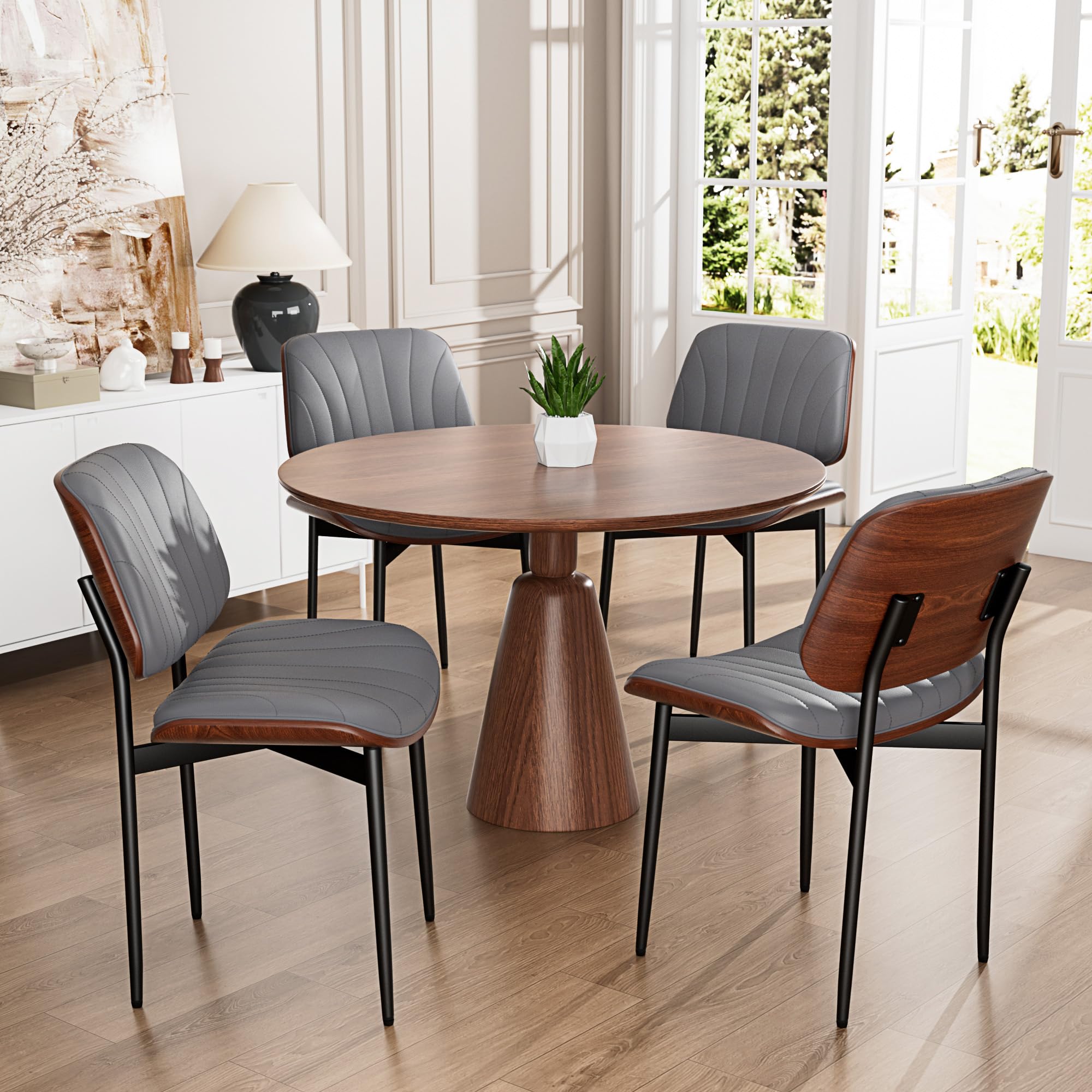 YaFiti Dining Chairs Set of 4, Dining Room and Kitchen Chairs, Mid Century Modern Accent Chair, Upholstered PU Leather Chairs for Vanity with Walnut