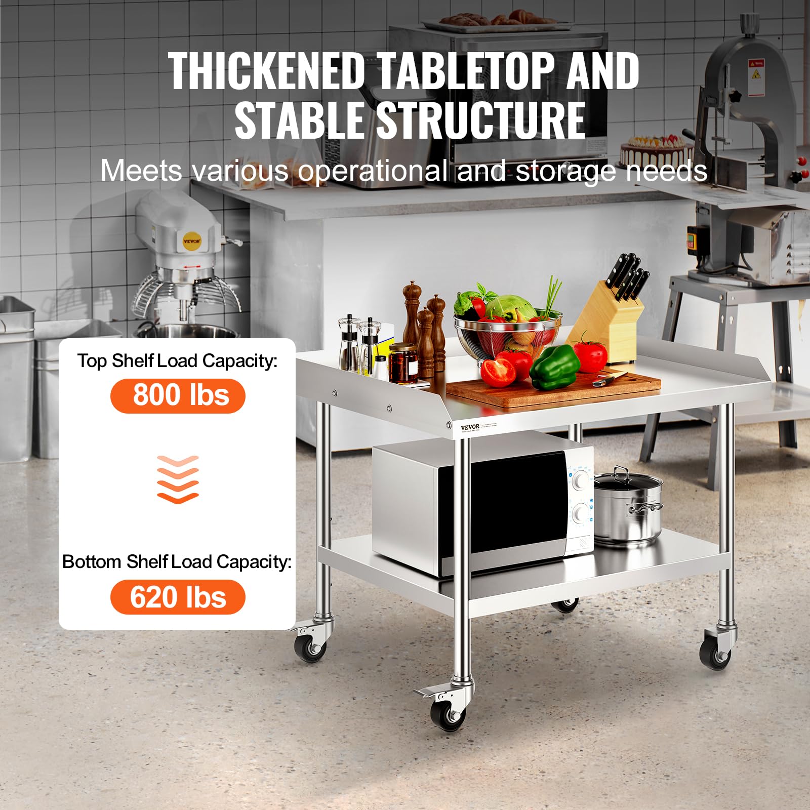VEVOR Tavolo da Lavoro in Acciaio Inossidabile 762 x 914 x 751,6 mm Tavolo da Lavoro Commerciale per Preparazione degli Alimenti 4 Ruote, Alzatina su 3 Lati, Tavolo da Lavoro in Metallo per Ristorante