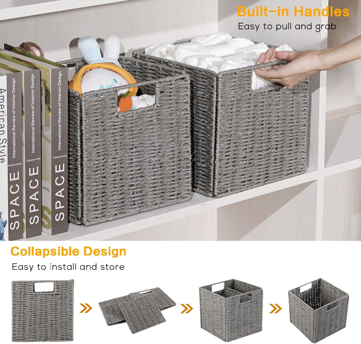Gray 9" Square Hand-Woven Wicker Storage Baskets, Set of 2