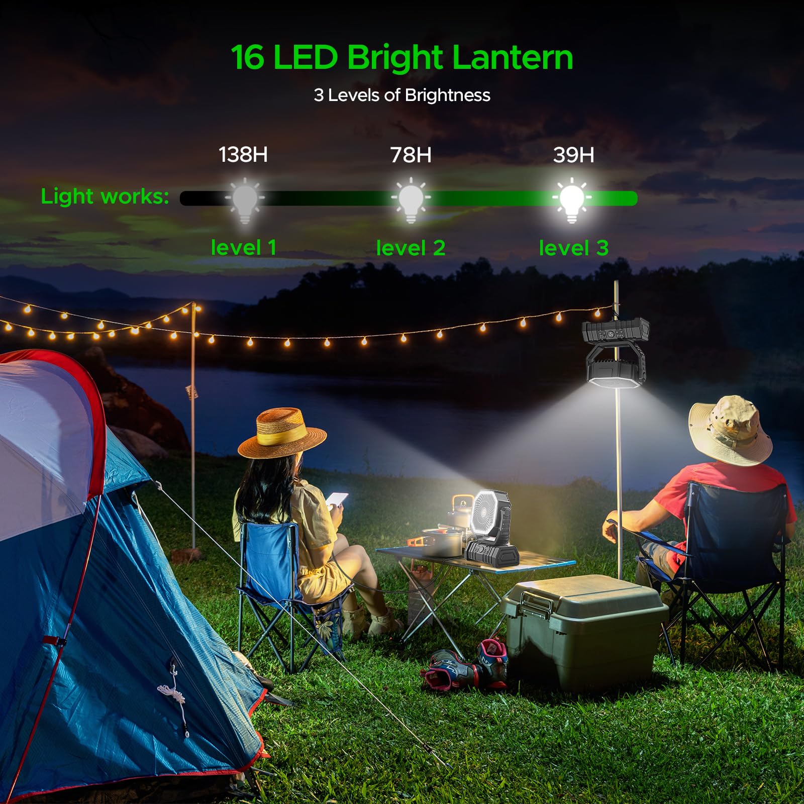 Ventilador de camping recargable con linterna LED, 20000 mAh, oscilante automático, ventilador de escritorio con control remoto y gancho, ventilador portátil de 8 pulgadas para picnic, pesca, RV