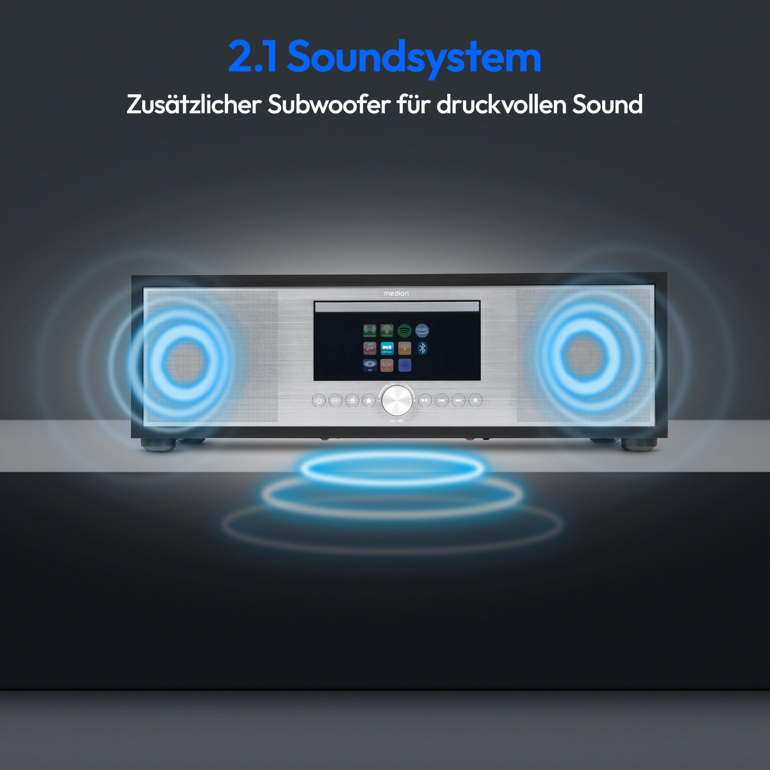 MEDION P66400 Stereoanlage (Internetradio, DAB+, CD/MP3-Player, Spotify Connect, Amazon Music, PLL UKW Radio, USB, AUX, Kompaktanlage, Subwoofer Weckfunktion, Sleep Einschlafautomatik) Silber