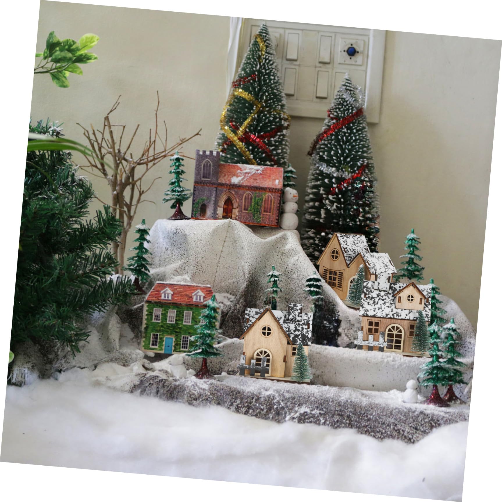 Yardwe 3 Piezas Casas Festivas Madera Navideñas Decoración LED de Iluminación Rústica Tradicional, Accesorio y Adecuado para Reuniones Familiares y Cenas