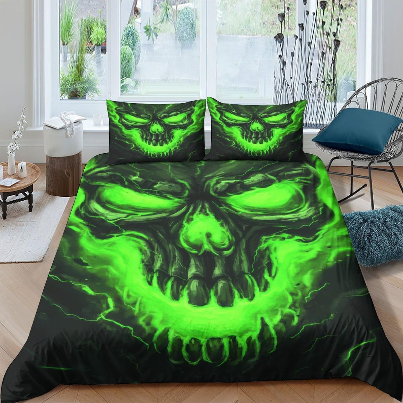 Ctjqhvkz Style-9 3D Printed Neon Skull Fitted Sheet Microfiber Soft Breathable Gothic Green Bed Cover For Bedroom Dorm Decorative Mattress Protection Single（135X200cm）