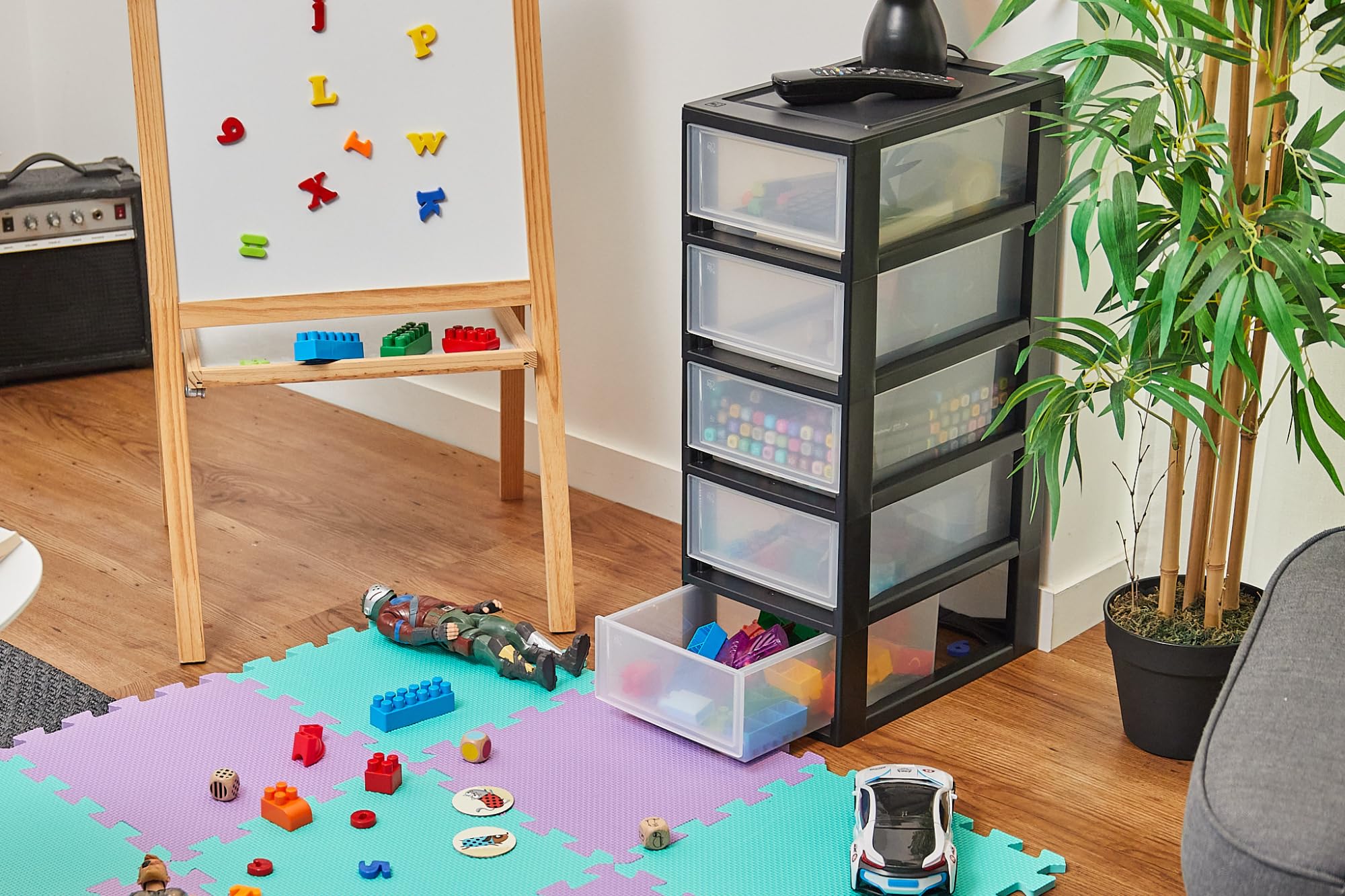 Iris Ohyama, Tour de rangement plastique noir, 5 petit tiroirs de rangement bureau, fournitures, accessoires, pour Salle de Bain, MSD-1