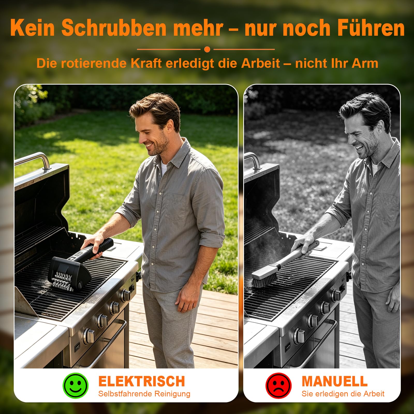 Elektrische Grillbürste Kabellos 4000mAh Akku 304 Edelstahl für Grillrost | Reinigungsbürste mit 2-Stufen Reinigung, 90 Min Laufzeit, LED-Licht, Wasserdicht und BBQ-Grillbürste für Männer