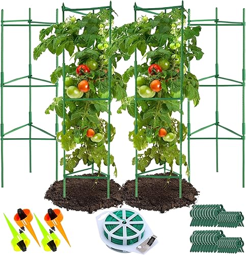 Jaulas de tomate de 4 pies para soporte de plantas de jardín (hasta 16.5 pulgadas a 82.5 pulgadas) con lazos para plantas de 164 pies y 40 clips