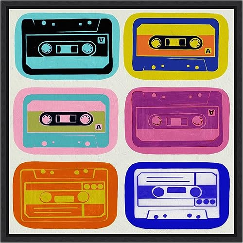 Amanti Art Framed Canvas Wall Art 22x22 Retro Cassettes by PI Studio, Framed Wall Art Canvas, Entertainment Artwork, Modern Decor, Medium Poster