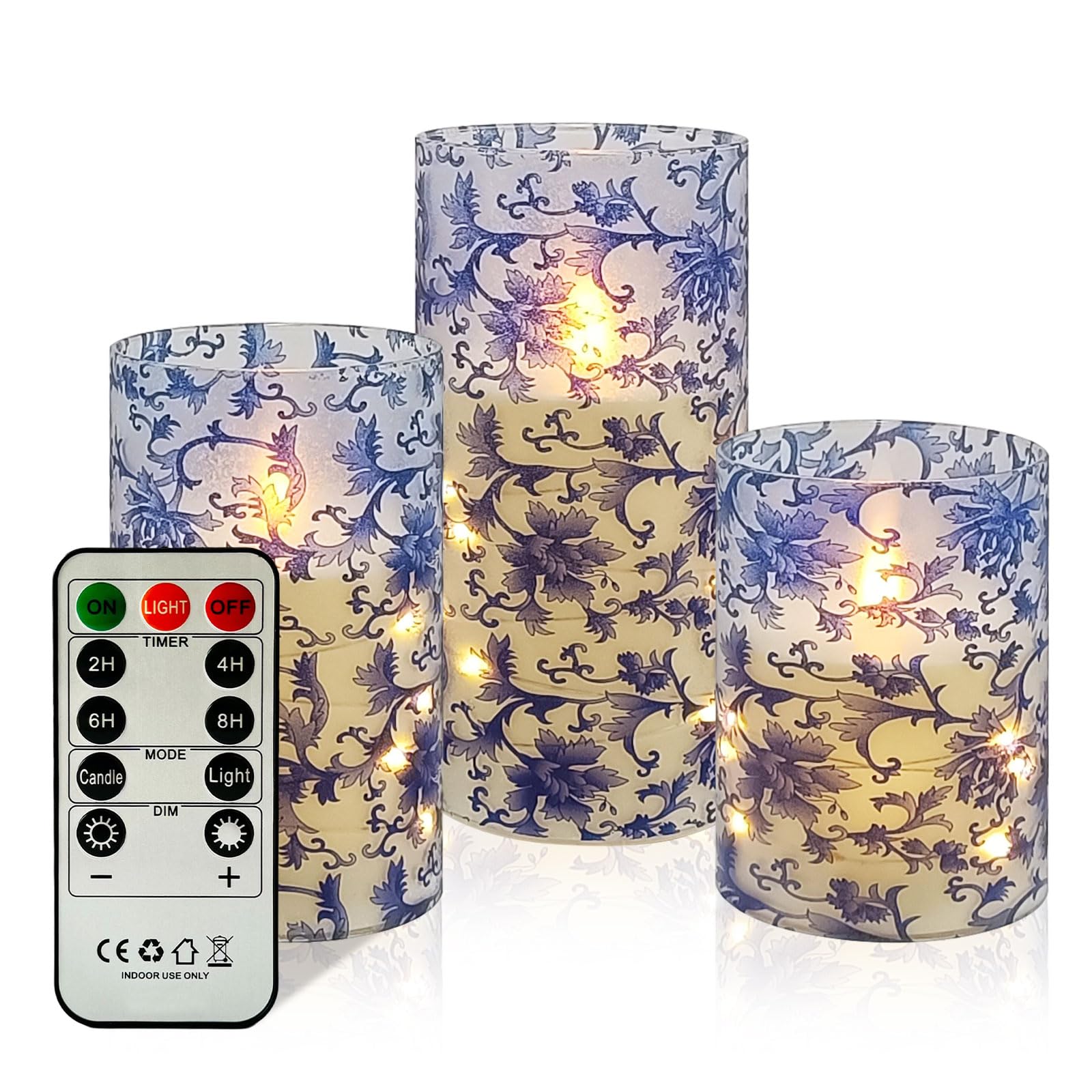 Flickering Flameless Candles Blue and White Porcelain Print, Embedded Star String Lights, Battery Operated Acrylic LED Pillar Candles with 11-Key