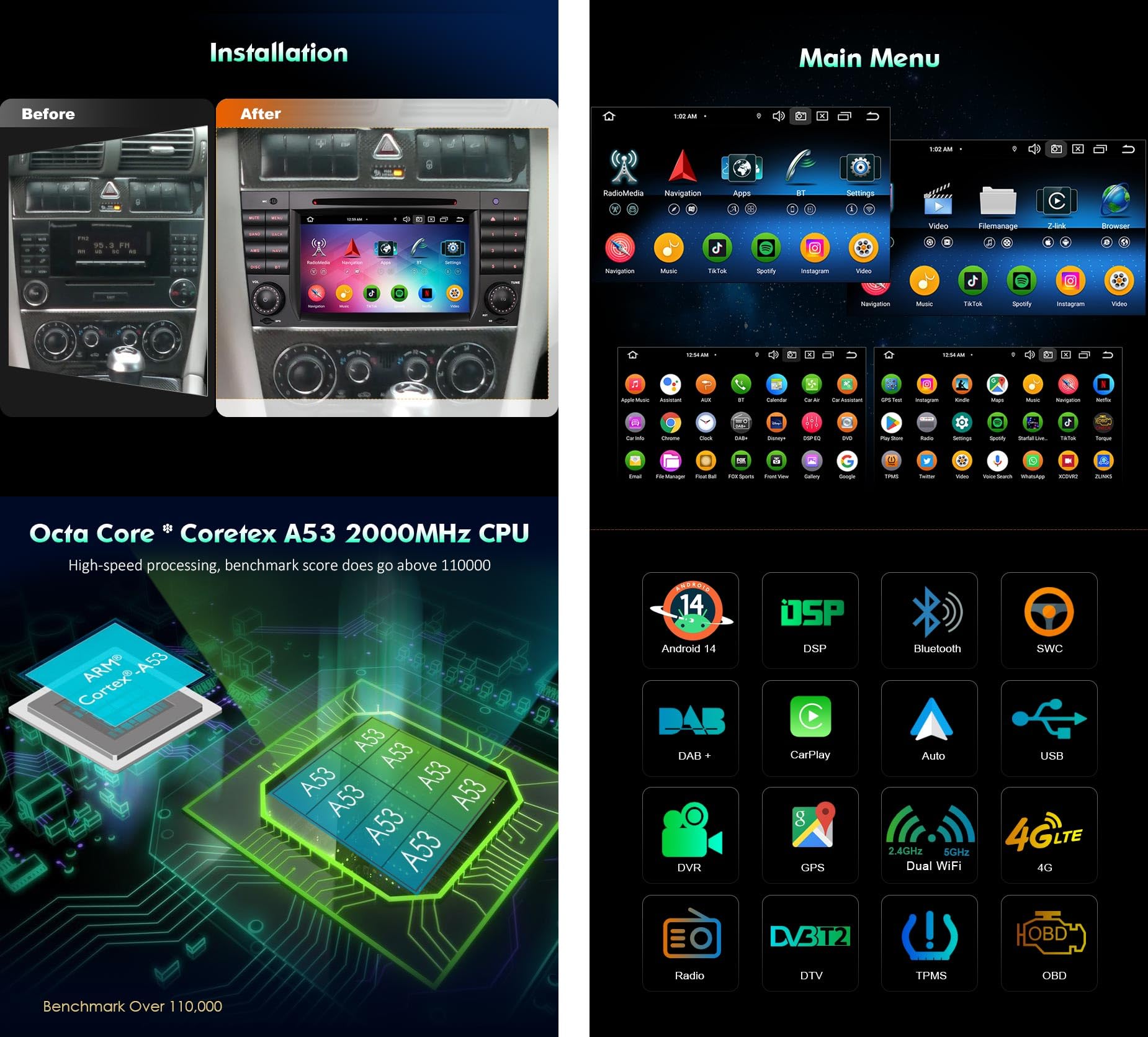Erisin Android 16 4GB+64GB radio samochodowe Mercedes klasy C W203 klasy CLC W203
