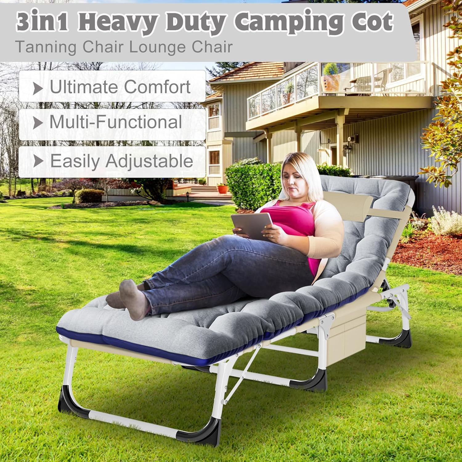 ABORON 3 in 1 Sun Tanning Chair Oversized with Mat&Face Arm Hole, Heavy Duty Folding Chaise Lounge Chairs, 5-Position Outdoor Lounge Chair/Pillow, for Beach, Pool, Lawn, Yard, Patio