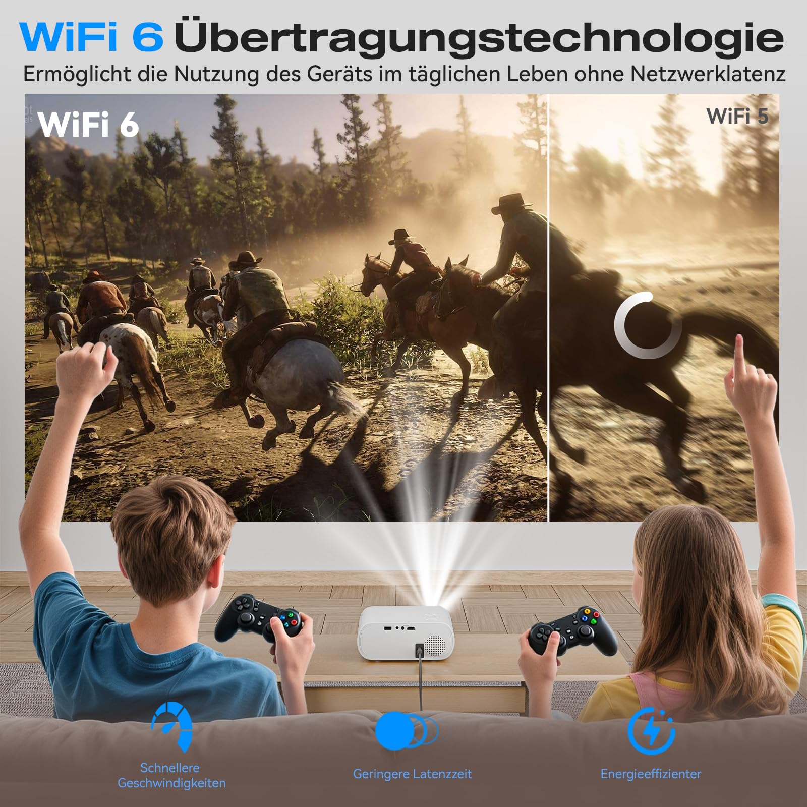 Mini Beamer 4K [Kompatibel mit Netflix & Offizielle Apps] 20000 Lumen Kurzdistanz Beamer mit Elektrischer Fokus/Trapezkorrektur, Android 13, 1080P FHD WiFi6 Bluetooth Smart Projektor für Schlafzimmer