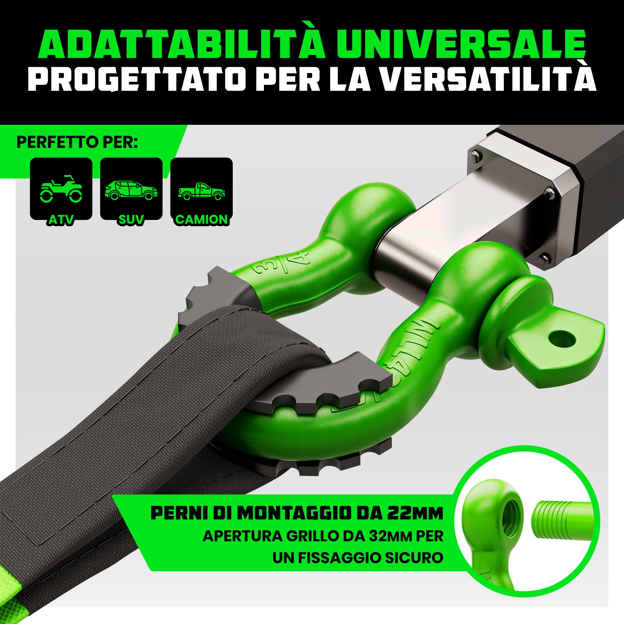 Rhino USA D-Ring Clevis (2 Pezzi) – Resistenza alla Rottura di 18.983 kg - D Annello 1,9 cm con Pin da 2,2 cm per Rimorchio e Uso Off-Road - Coppie con Cinghia di Recupero per Veicoli (Verde)