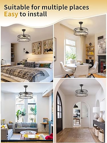 Miniatura 5 de Ventilador de techo de 20 pulgadas estilo granja con luz, ventiladores de techo enjaulados sin aspas con luces y control remoto, pequeño ventilador