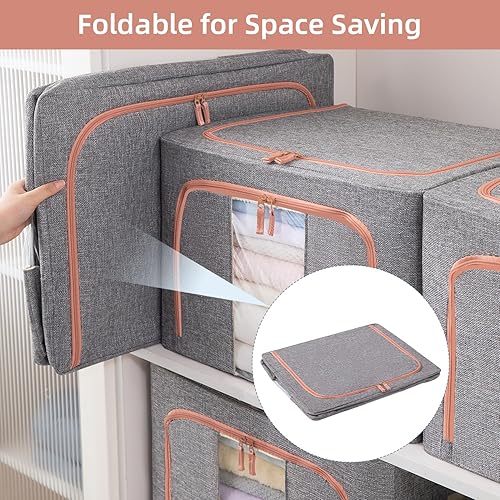 Miniatura 4 de Paquete de 3 contenedores apilables de almacenamiento de ropa de 66L con asas de marco de metal y cremallera, caja organizadora plegable con tapa