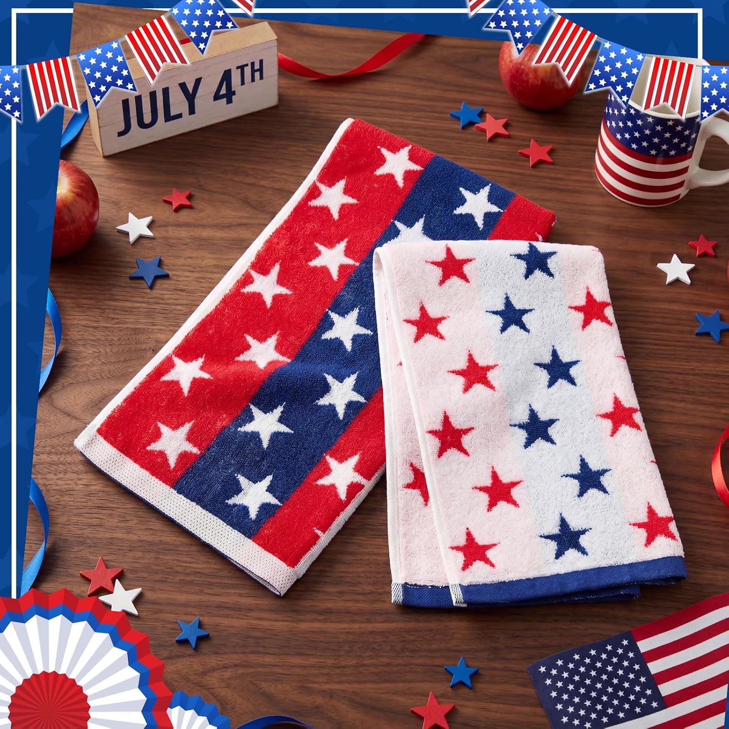 Peryiter 4 Pcs Patriotic 4th of July Hand Towels, 100% Cotton Red Blue White Americana 3D Stars Stripes Bathroom Decorative Towels for 250th Anniversary Memorial Independence Day Kitchen Decor Gift