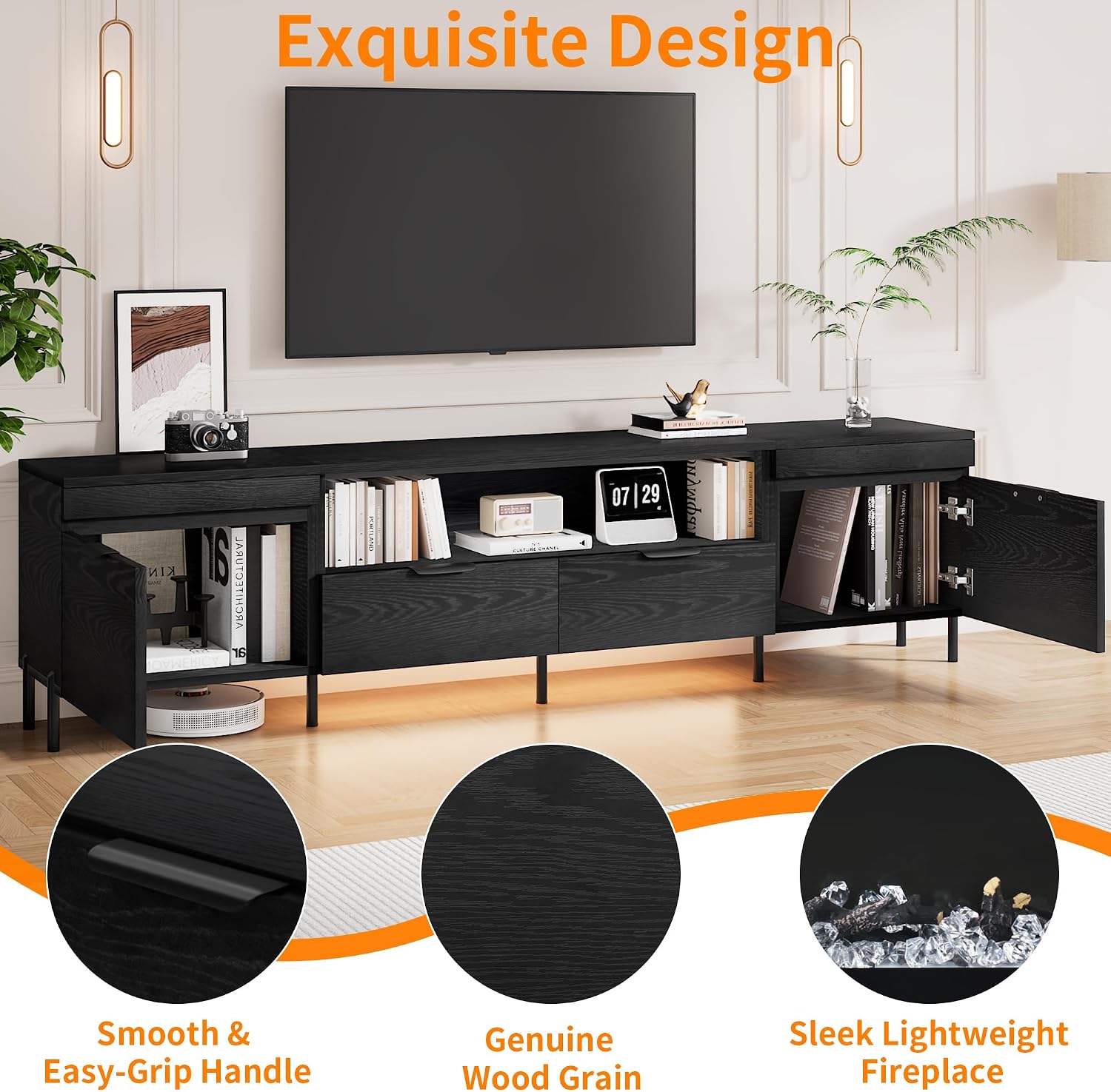 TV Stand for 32 to 80 inch TV, Farmhouse Entertainment Center with Storage, Media Console Table 2 Cabinets 2 Doors, Living Room, Bedroom, Office Furniture, Black